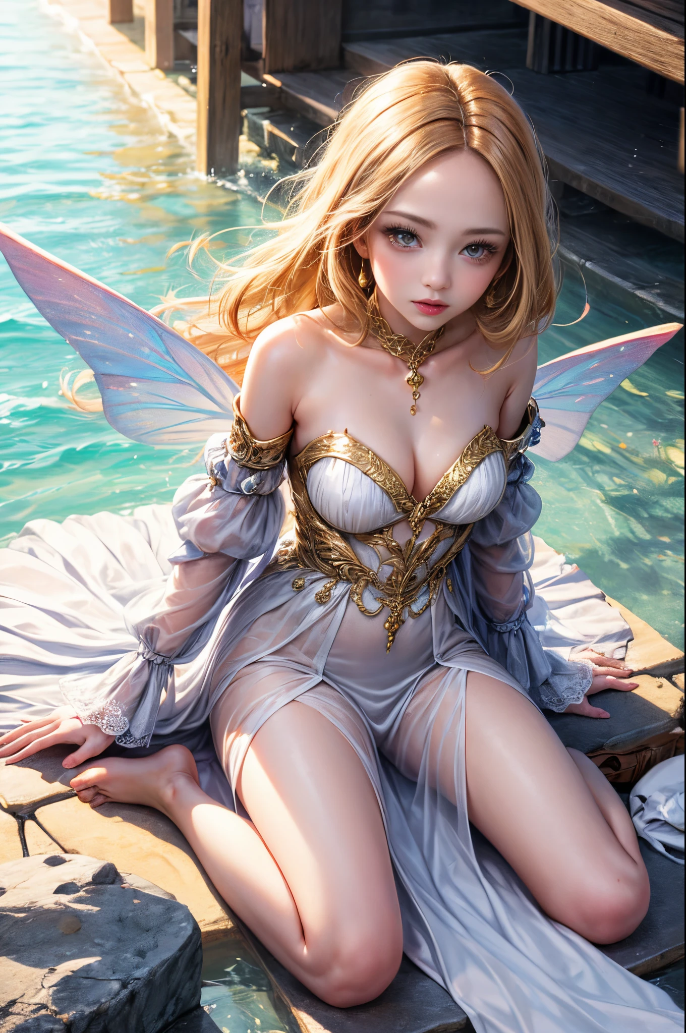 "((Innocent)) girl, golden hour, dreamy meadow, ethereal, whimsical, flowing dress, soft sunlight, enchanting, butterfly wings, (pastel clouds), liquid reflections