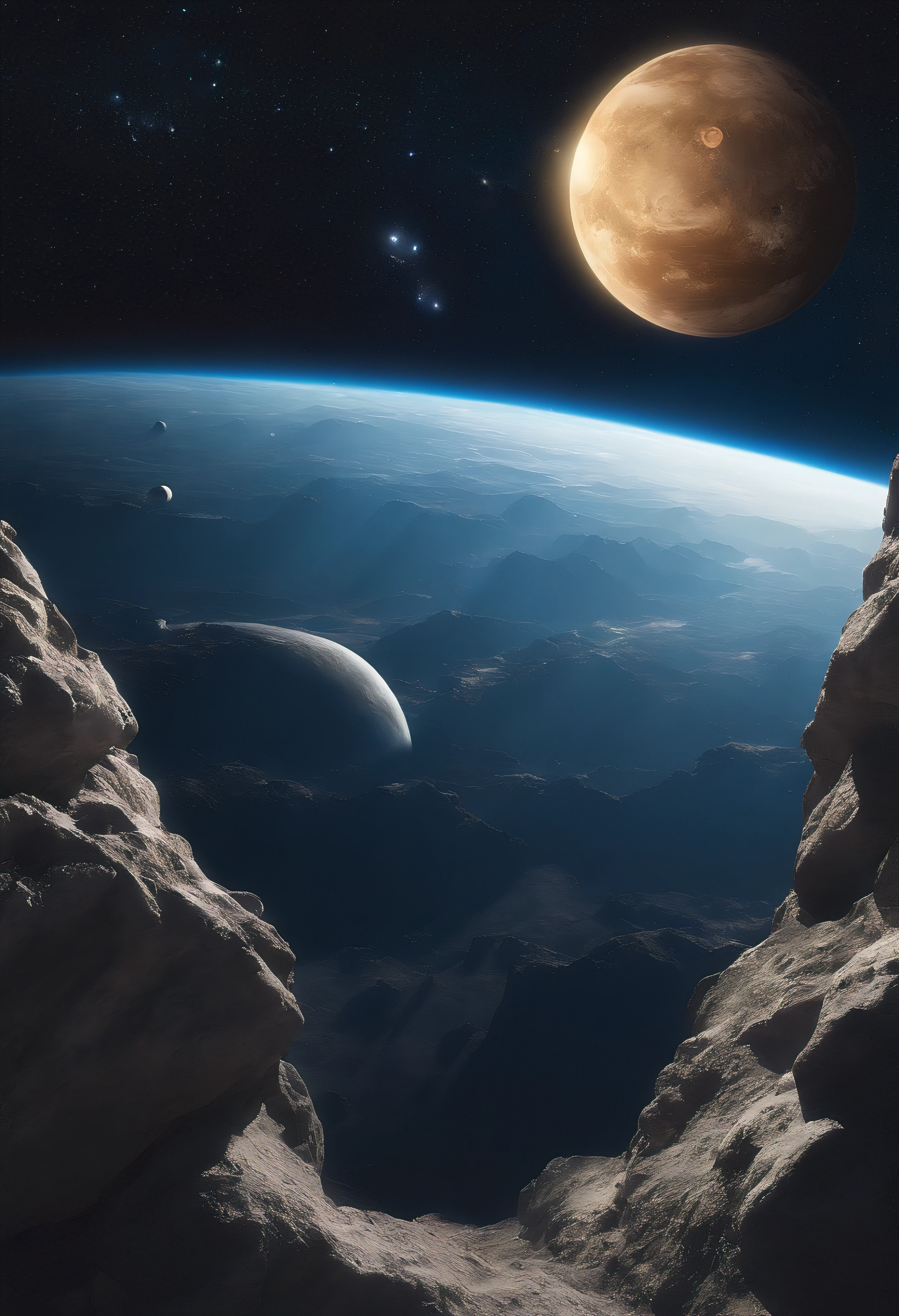 On a desolate asteroid,asteroid desolation,Very desolate asteroid,Horizontal ground,In a clearing,There are some white flowers on the ground,The background the vastness of the universe,sky space,There are meteors in the universe,There are shooting stars in the sky,There are many stars in the universe,There are many asteroids in the sky,There are many planets in the sky,hyper realisitc,The picture vivid,フォトリアリスティック,detail-rich,heavenly body'Rich ground texture,超高分辨率,The characters’ hands and faces are rich in detail,tmasterpiece,The scene shocking,detail-rich,Portrait background