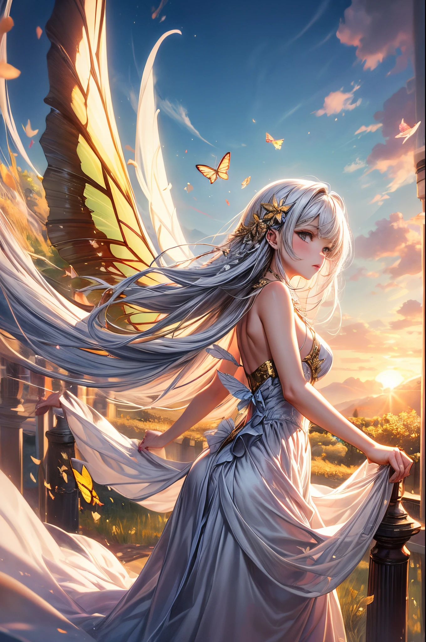 "((Innocent)) girl, golden hour, dreamy meadow, ethereal, whimsical, flowing dress, soft sunlight, enchanting, butterfly wings, (pastel clouds), liquid reflections