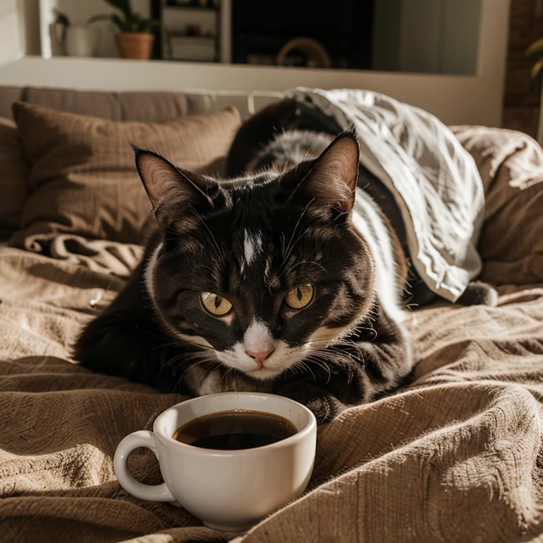 Red and white cat . He was curled up around a blanket because of the extreme cold. He had a cup of coffee in front of him and looked angry