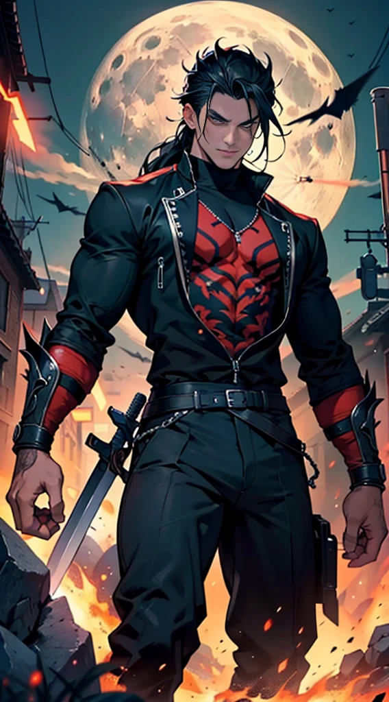 (masterpiece:1.2), (illustration), (best quality:1.2), (best aethetic:1.1), (beautiful art:1.2), (ultra-detailed:1.2), (8k), (HDR), (cinematic lighting), (wallpaper), (sharp focus), (intricate), (eyes very detail) man holding down black long sword in front of him, 170cm tall, black hair colours, long hair tied, wearing black suit batik art style, wearing rings on all his fingers, black and red energy sparks all over his body and became demon shadow behind him, background night full moon, horror