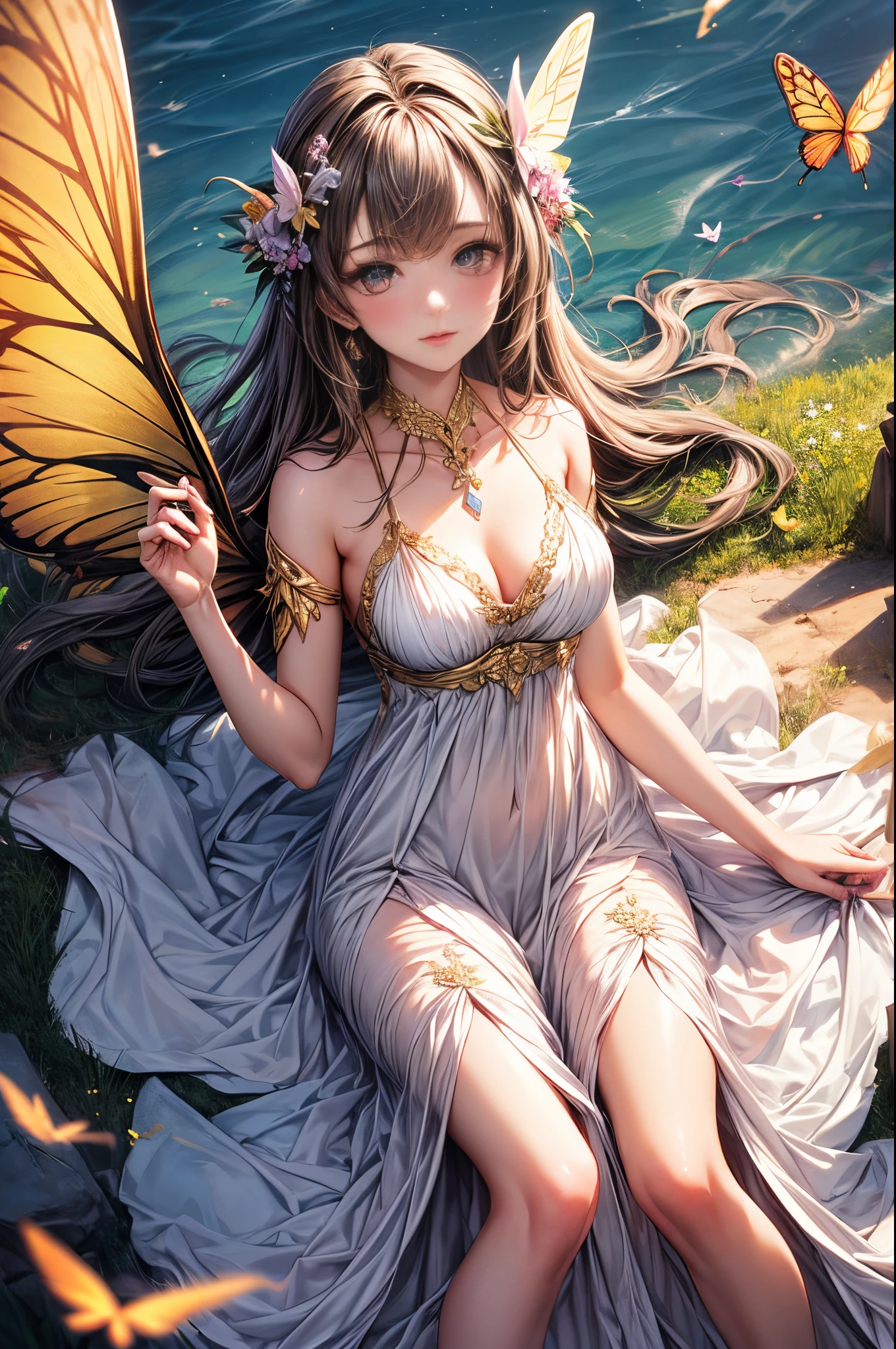 "((Innocent)) girl, golden hour, dreamy meadow, ethereal, whimsical, flowing dress, soft sunlight, enchanting, butterfly wings, (pastel clouds), liquid reflections