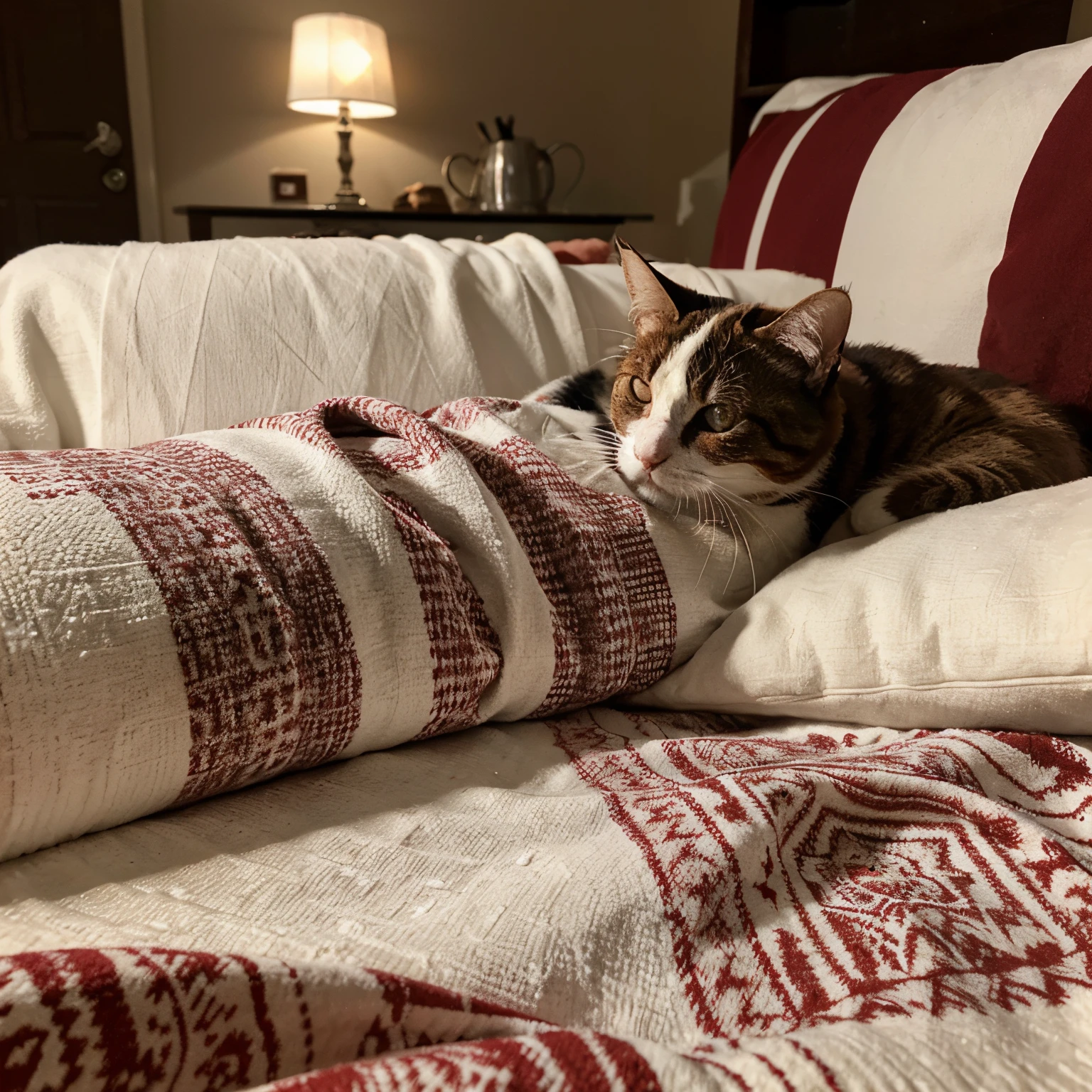 Red and white cat . He was curled up around a blanket because of the extreme cold. He had a cup of coffee in front of him and looked angry