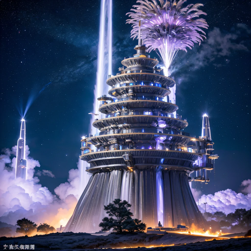 Spectacular futuristic sci-fi night spaceship erupting from steam engine,sparkling silver water column.There a Chinese golden dragon spraying water in this water column,Emit purple energy,and emits a slight blue light,Make the entire spacecraft look mysterious and high-tech。 The shape of the water column in the spaceship also very futuristic.........