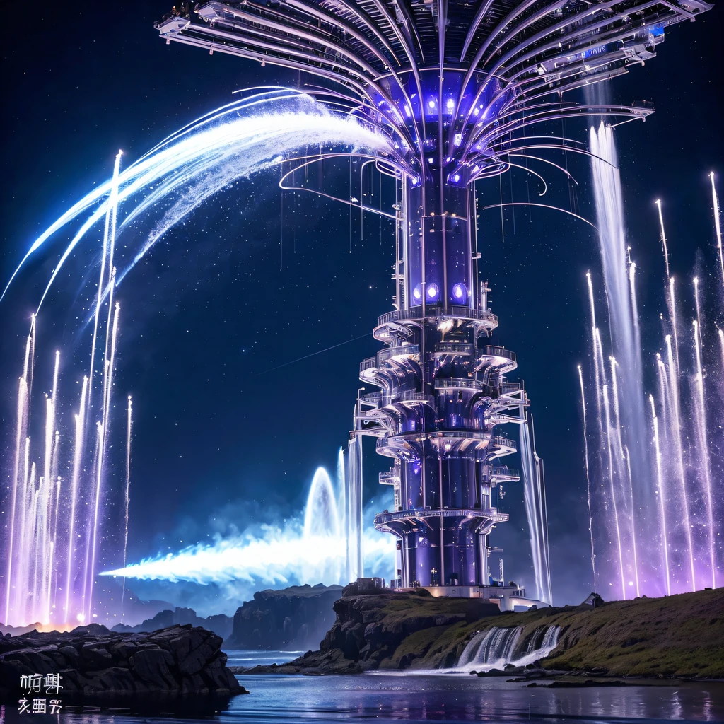 Spectacular futuristic sci-fi night spaceship erupting from steam engine，sparkling silver water column.There  a Chinese golden dragon spraying water in this water column，Emit purple energy，and emits a slight blue light，Make the entire spacecraft look mysterious and high-tech。 The shape of the water column in the spaceship  also very futuristic.........