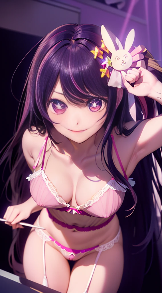 masterpiece, High resolution, perfect lighting, (((Perfect Anatomy, perfect style))), Ai Hoshino, hair between eye, Hair Ornament, Hair Ribbon, Long hair, (Purple eyes:1.1), Purple hair, rabbit hair ornament, (star-shaped pupils:1.5), symbol-shaped pupils, A sloppy smile, (((pink erotic lingerie ))), pole dance stage, focus on people, professional art,