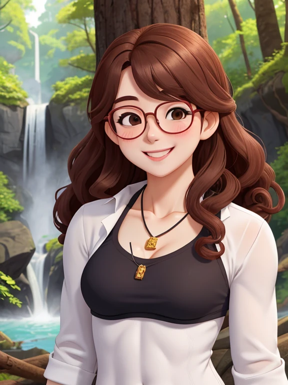 attractive korean woman, ripped muscle, muscular body, small breast, pale skin, smile(blush), sundress, glasses, thin necklace, sixpack abs, [ultra detailed skin:1.2], brown hair, long curly hair, 8k uhd, full body, crowd, public, forest, waterfall, standing,