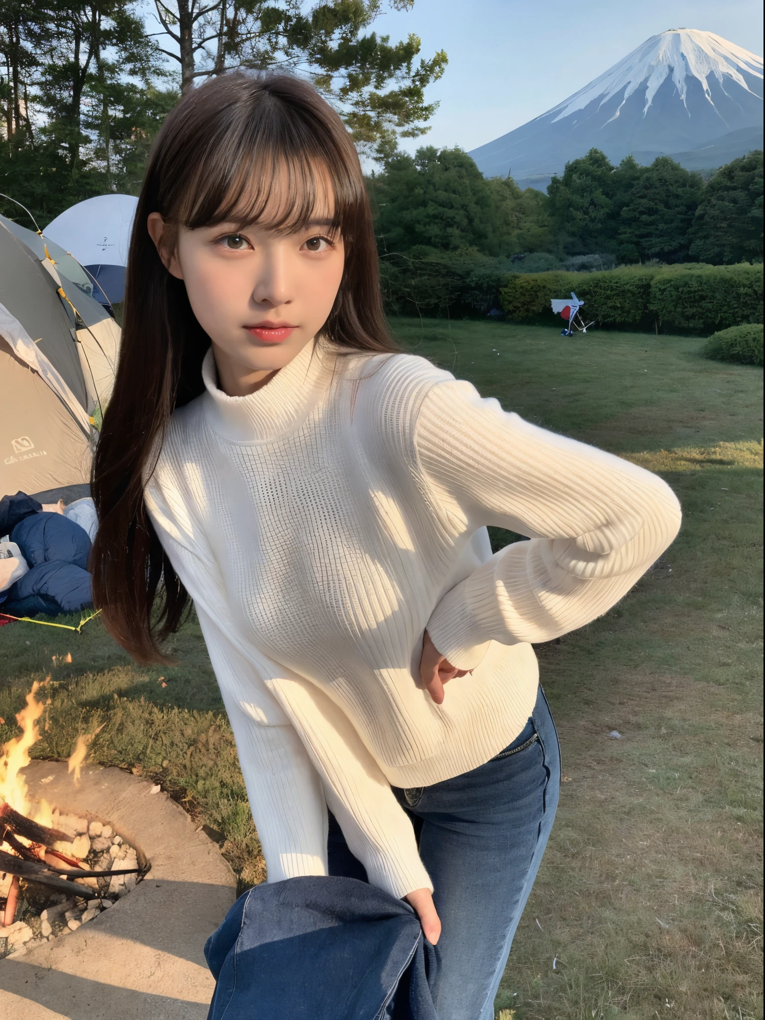 (top-quality、8K、32K、masterpiece、nffsw:1.2)、Photo of a cute Japanese woman、 1 人、(Medium short dark brown hair)、(small tits)、二重まぶた、Camping at the foot of Mt. Fuji、It's the cold season and my white breath is leaking out in winter.、I bend over in front of the bonfire, but I put my hands out to stay warm.