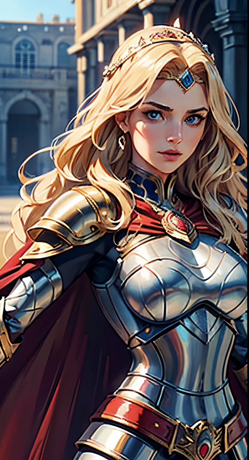 1 girl, British girl, 25 years old, wavy blonde hair, bright skin, blue eyes, toned body, medium breasts, intricate paladin armor with red cape, intricate headpiece, masterpiece, ultra HD, realistic masterpiece, blurred background, palace courtyard, elegant poses, perfect hands, perfect face, perfect details, sharp focus