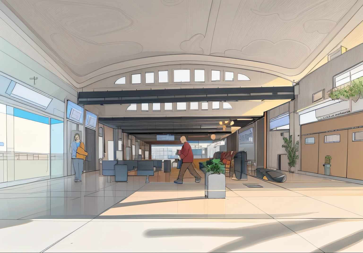 Draw a waiting hall,Keep all details in the picture, Rainbow lines - art, Linear plot, train station background, line art in colour, full page illustration, Animation city line drawing, line art illustration, Illustration line art style, detailed 2d illustration, Line art coloring page, Vector line art style, Clean ink detailed line drawing, Commercial illustration