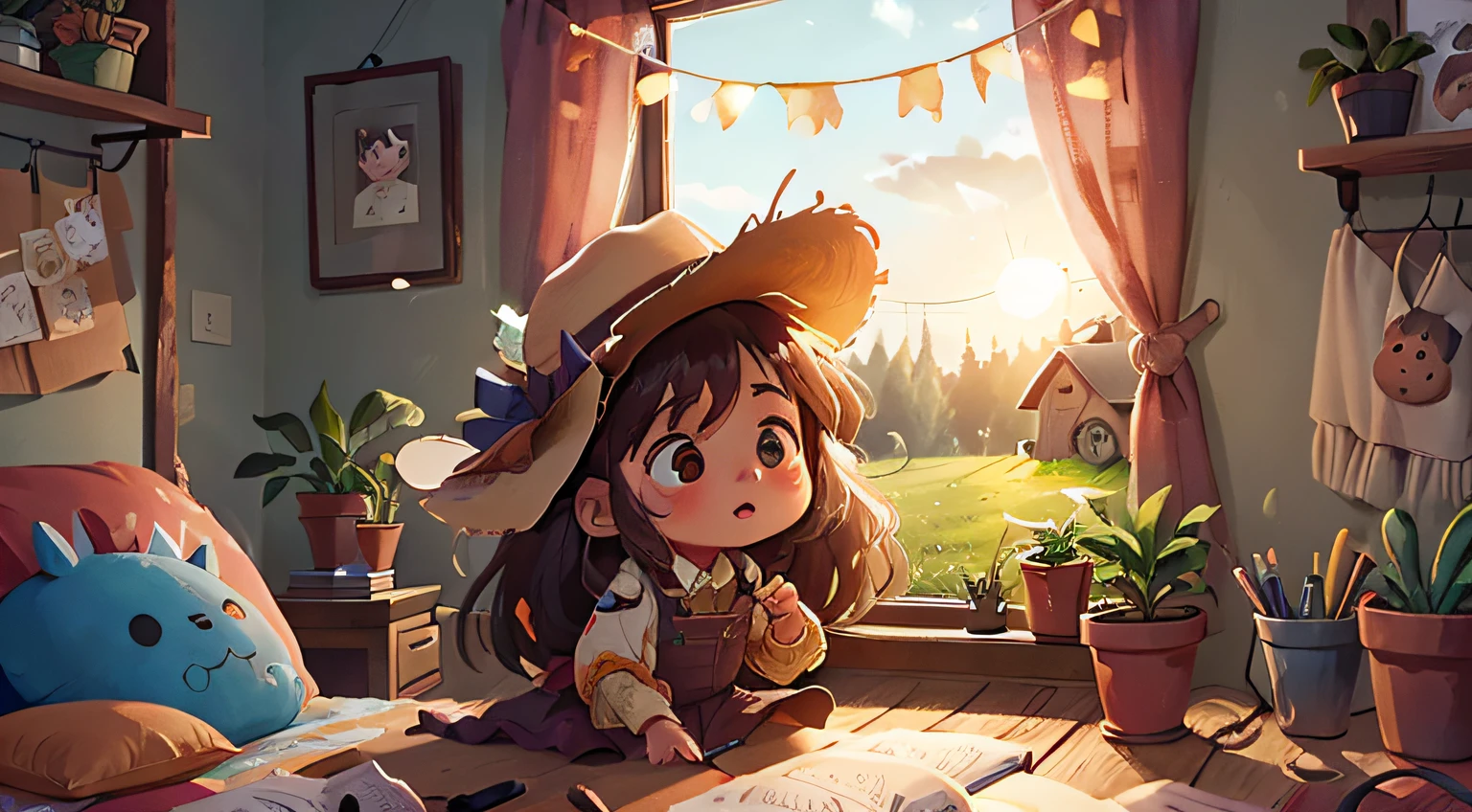 Ilustre uma cena com Maria, a  de 6 anos com longos cabelos castanhos, dressed in an adorable cowboy outfit complete with a cowboy hat, Standing in your room. Capture-a olhando pela janela com entusiasmo enquanto o dia nasce na fazenda. O quarto deve ser aconchegante, with a rustic charm, e o fundo do lado de fora da janela deve mostrar o nascer do sol sobre a fazenda, destacando colinas e uma pitoresca casa de fazenda. 16:9 ratio