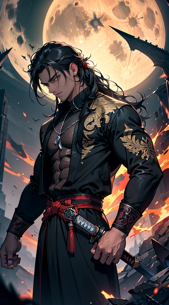 (masterpiece:1.2), (illustration), (best quality:1.2), (best aethetic:1.1), (beautiful art:1.2), (ultra-detailed:1.2), (8k), (HDR), (cinematic lighting), (wallpaper), (sharp focus), (intricate), (eyes very detail) man holding down black long sword in front of him, javanese, 170cm tall, black hair colours, long hair tied, wearing black suit batik art style, wearing rings on all his fingers, black and red energy sparks all over his body and became demon shadow behind him, background night full moon, horror
