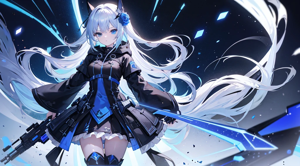 Top image quality、full body Esbian、ultra-definition、Detail Facial、A detailed eye、illustratio、a cool、With long silver hair、shining blue eyes、s girl 、Black hoodie、Cyberwind、wearing black boots、a black skirt、Glowing blue headphones Ryubara hair ornament、Blue roses、play the game on the front lines、Holds a blue glowing gun in cyber style、Blue rose petals、Holding a gun、Laser beam、Blue rose petals are dancing、battleing、Princess Hairstyles、a beauty girl