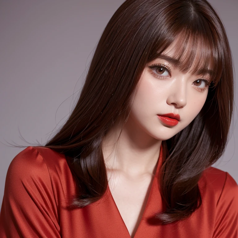 (tmasterpiece),(Best quality at best:1.0), (Ultra-high sharpness:1.0), detailed descriptions, 8K, Japanese cartoon, 1个Giant Breast Girl, Beautiful anime girls, in a red dress, corolla, pretty  face, 详细的脸, pretty eyes, 詳細な目, dark red eye, Bright red lips, red lip stick, Beautiful and stylish hair, highlights in hair, Bangs anime style, Best quality at best, A vibrant