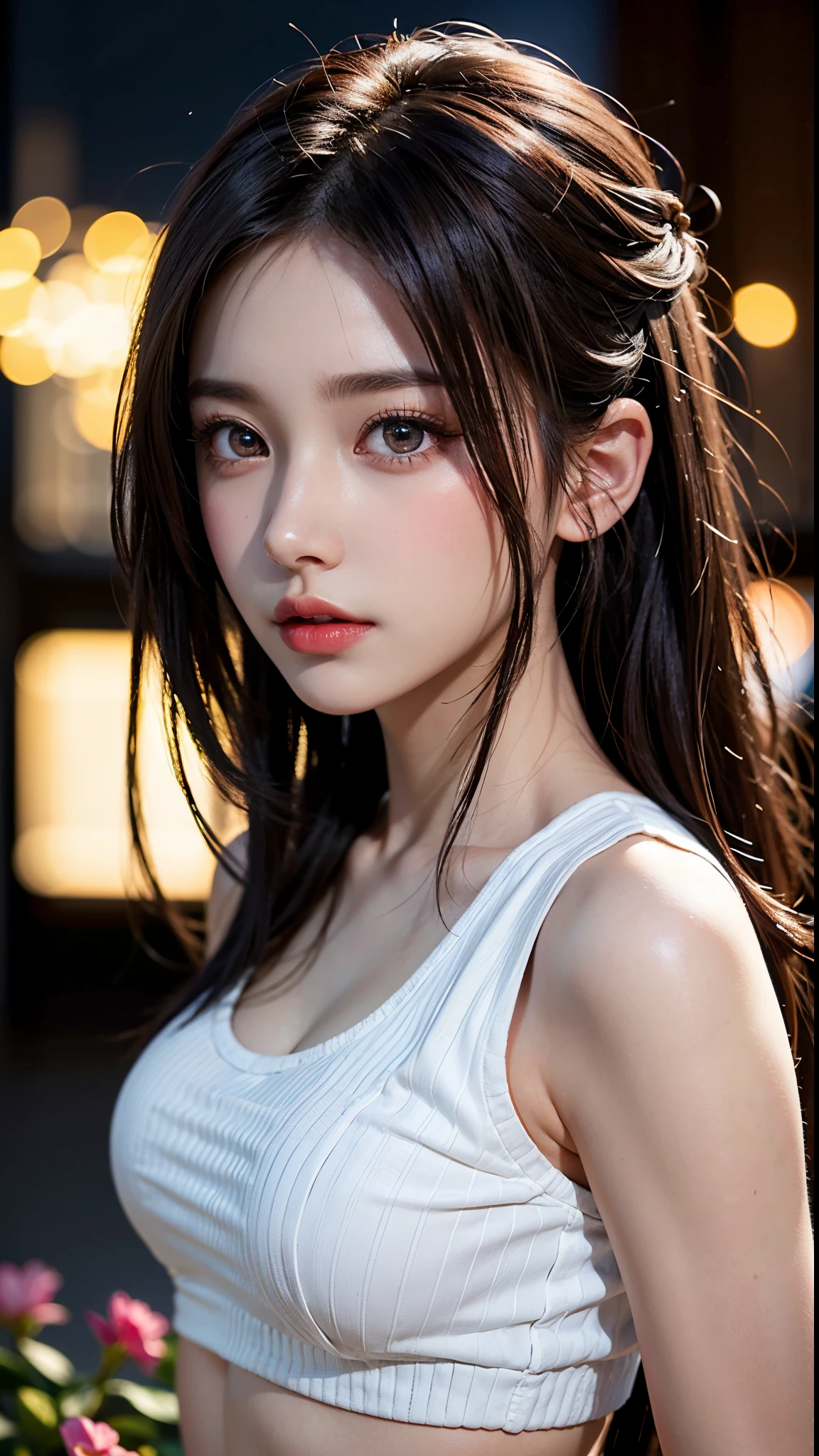 (best quality, realistic:1.2), ultra-detailed, professional, vivid colors, portrait, beautiful detailed eyes, beautiful detailed lips, long eyelashes, flowing white hair, seductive pose, purple glowing eyes, fashionable crop top, flowing skirt, soft parted lips, natural blush, night scene, blooming flowers, warm sunlight
