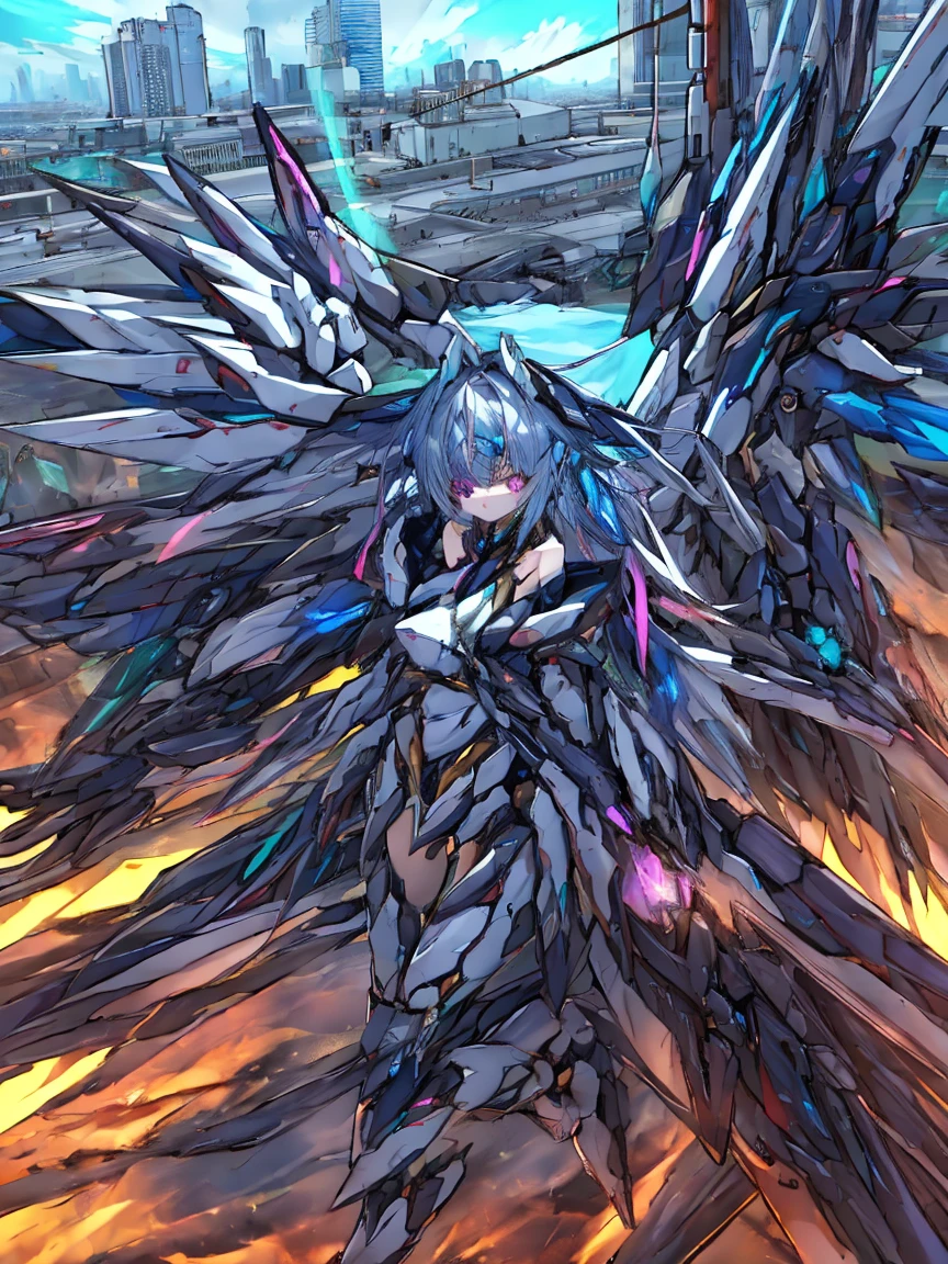 top-quality、ighly detailed、masterpiece、ultra-detailliert、illustratio、((1girl in))、silber hair、length hair、Floating hair、、Cyber City、Neon building、(The upper part of the body:1.05)、extremely_Detailed_Eyes_And_Face,cybernetic wings mechanical wings、Random posture、Skyscraper、、Mechumusume、shrine maiden clothe,maid clothes、Random angles、anime styled,cowboy shot