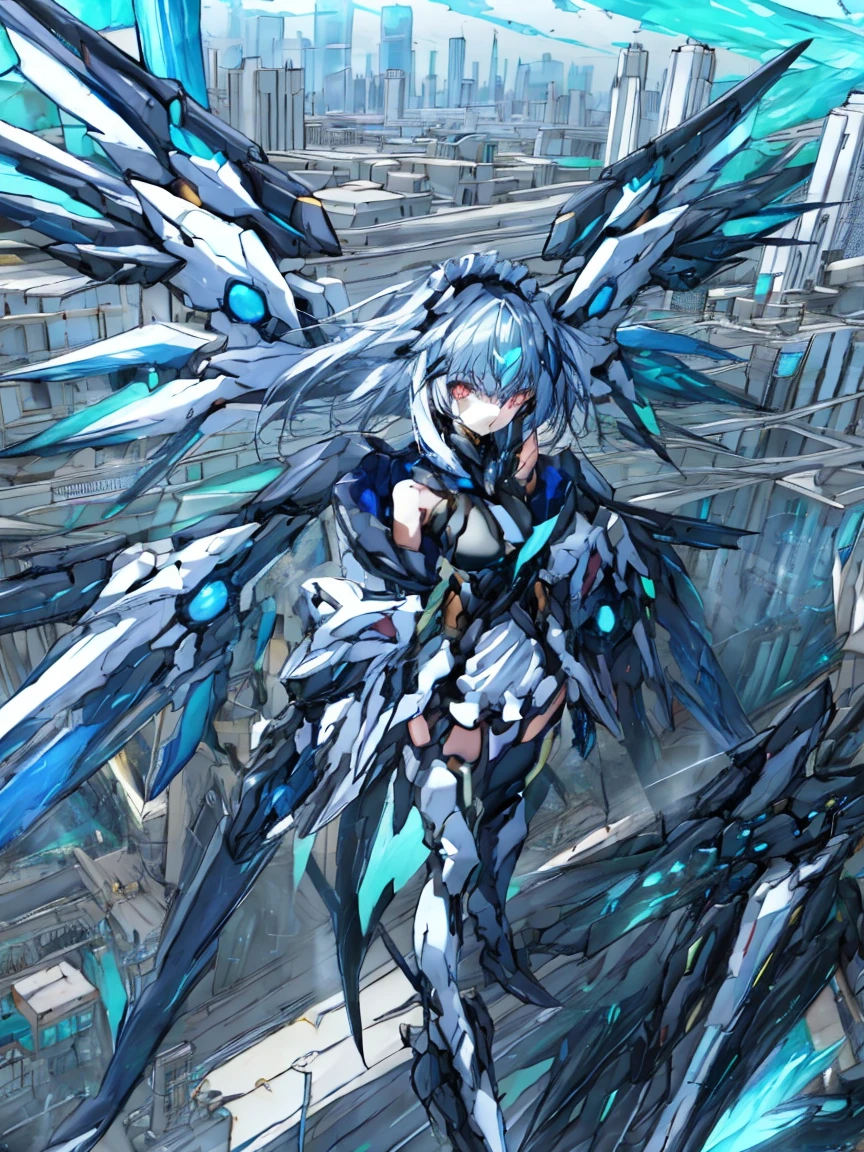 top-quality、ighly detailed、masterpiece、ultra-detailliert、illustratio、((1girl in))、silber hair、length hair、Floating hair、、Cyber City、Neon building、(The upper part of the body:1.05)、extremely_Detailed_Eyes_And_Face,cybernetic wings mechanical wings、Random posture、Skyscraper、、Mechumusume、shrine maiden clothe,maid clothes、Random angles、anime styled,cowboy shot