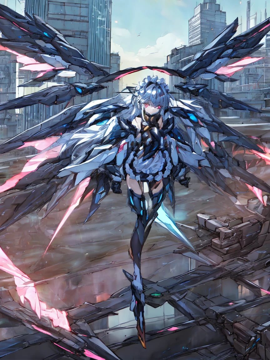 top-quality、ighly detailed、​masterpiece、ultra-detailliert、illustratio、((1girl in))、silber hair、length hair、Floating hair、、Cyber City、Neon building、(The upper part of the body:1.05)、extremely_Detailed_Eyes_And_Face,cybernetic wings mechanical wings、Random posture、Skyscraper、、Mechumusume、shrine maiden clothe,maid clothes、Random angles、anime styled,cowboy  shot
