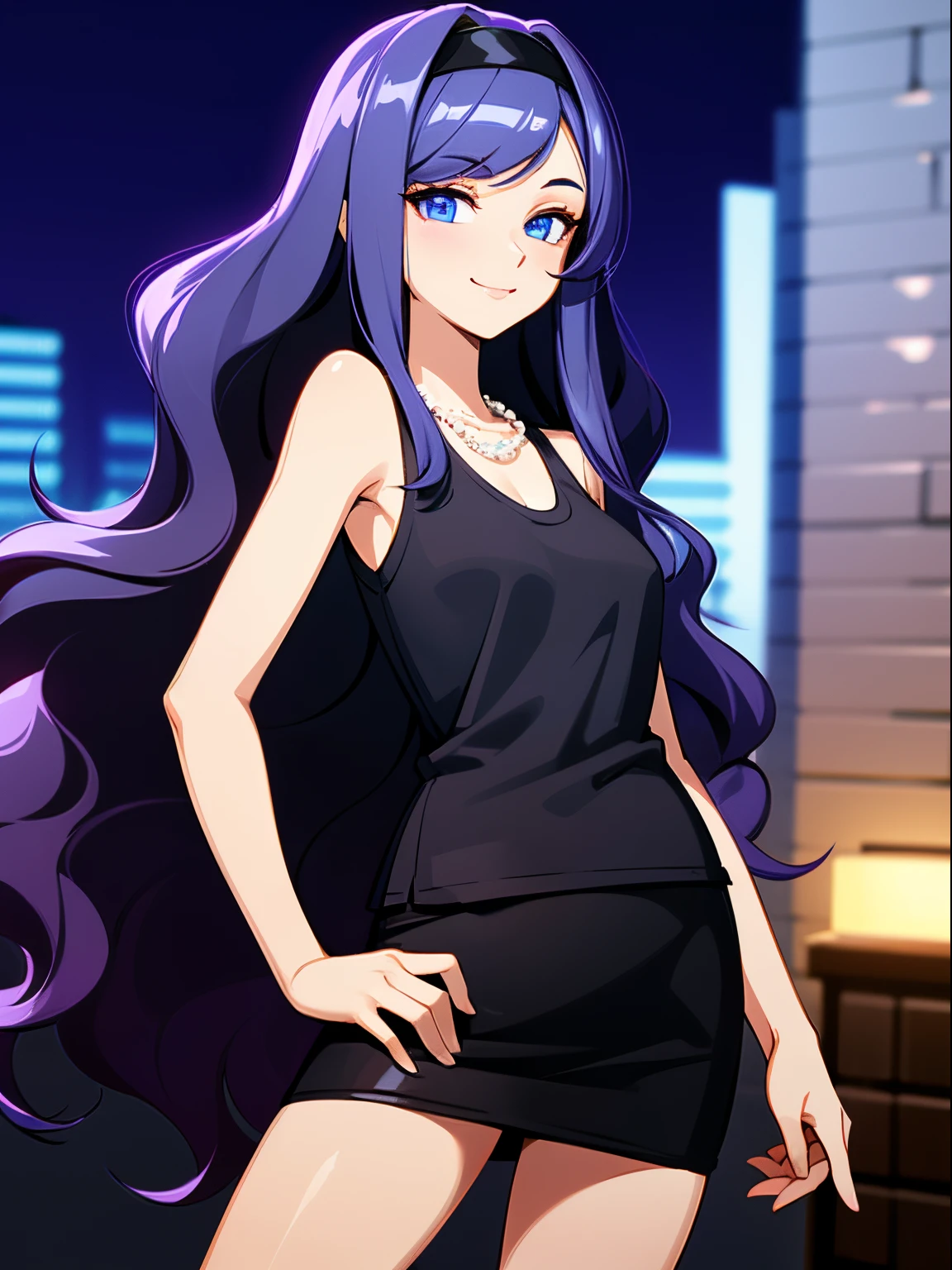 A beautiful and sexy woman with long wavy violet hair, side-swept bangs, sharp blue eyes, light skin, smile, wearing a black tank top, short black skirt, black headband, and pearl necklace, in the city at nighttime