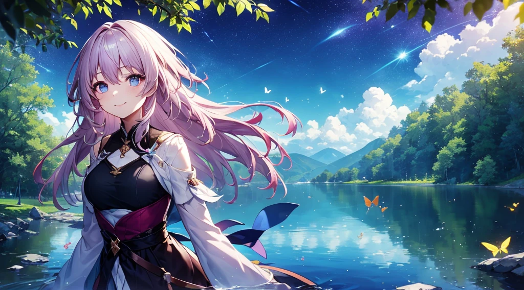 (​masterpiece、top-quality)、frontage、独奏、1girl in、A smile、The long-haired、Light purple hair、Hair is disheveled、Adult、Mystical、strong breeze、Butterflies flutter by、In nature、lake、Light shines in、ripples、