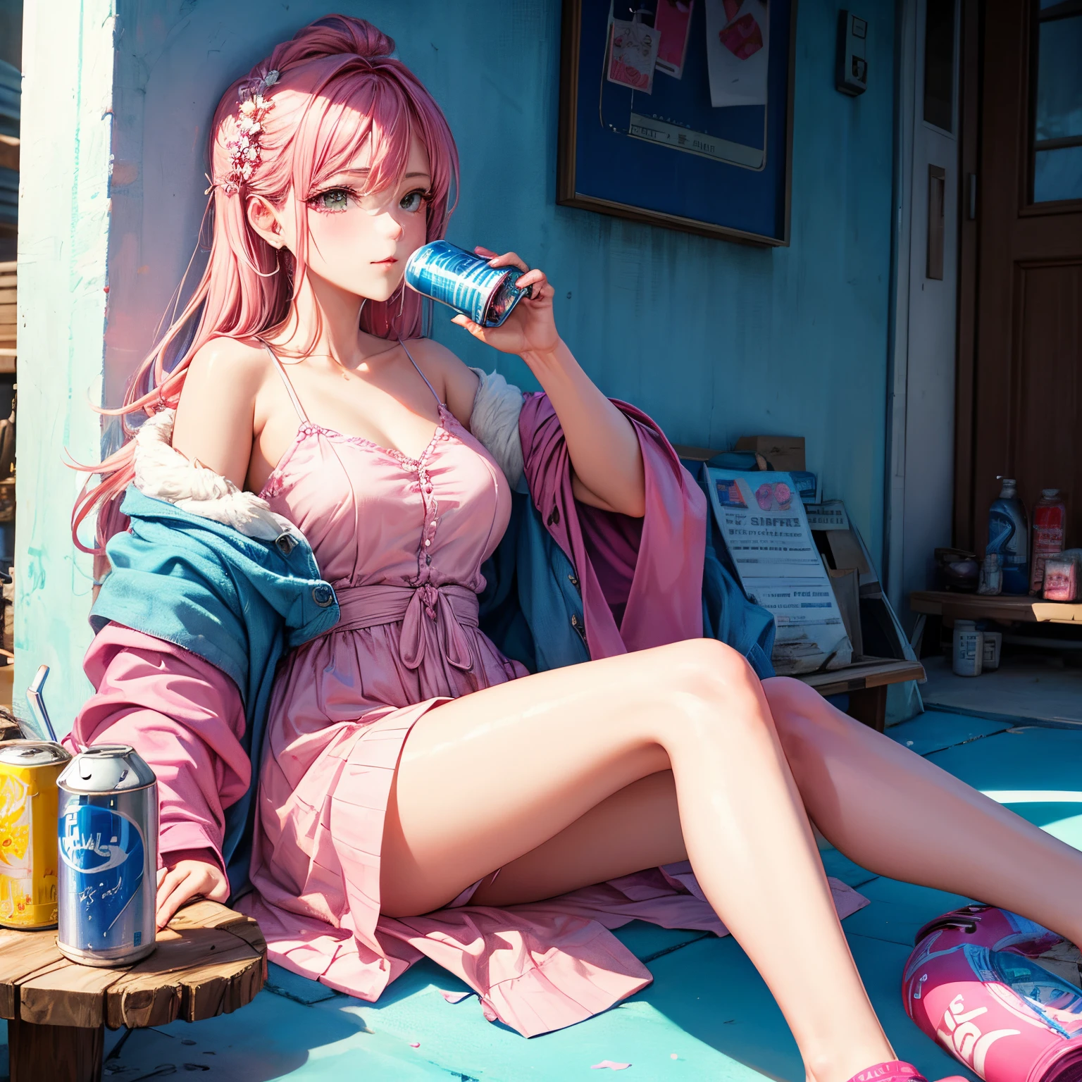 Elegant woman drinking from a pink and blue can at home, The can has "BYSELF" written on it, drinking, Duan, laid back, Be red in the face, Sparkling, unwind, Slightly drunk, fotografia do produto