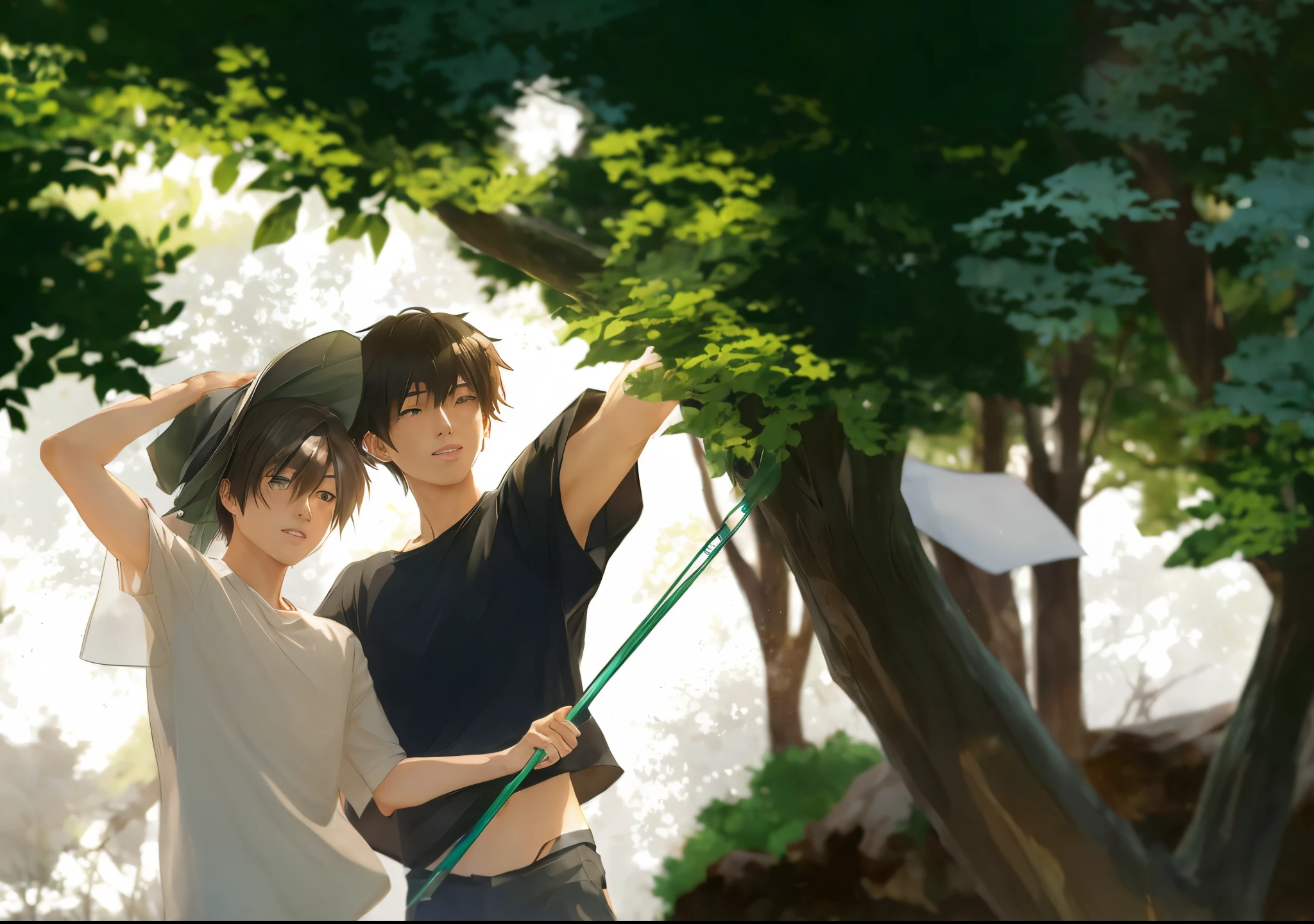 Anime male couple standing under a tree with a bug net in their hands., Lush Anime John 8K Woods, By Shingei, Guweiz and Makoto Shinkai, high quality fanart, Sakimichan and Makoto Shinkai, zerochan art, official fan art, Inspired by Ike no Taiga, Makoto Shinkai and (Ken Kuga)
