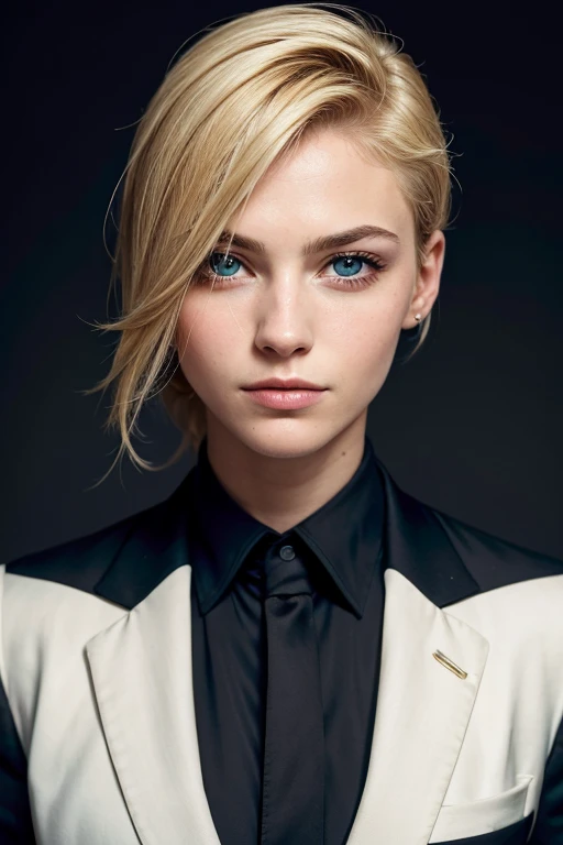 portrait of european girl,solo,20yo,beautiful face,uppser body,hair over one eye,medium sidecut, blonde hair, sharp focus,black business suit