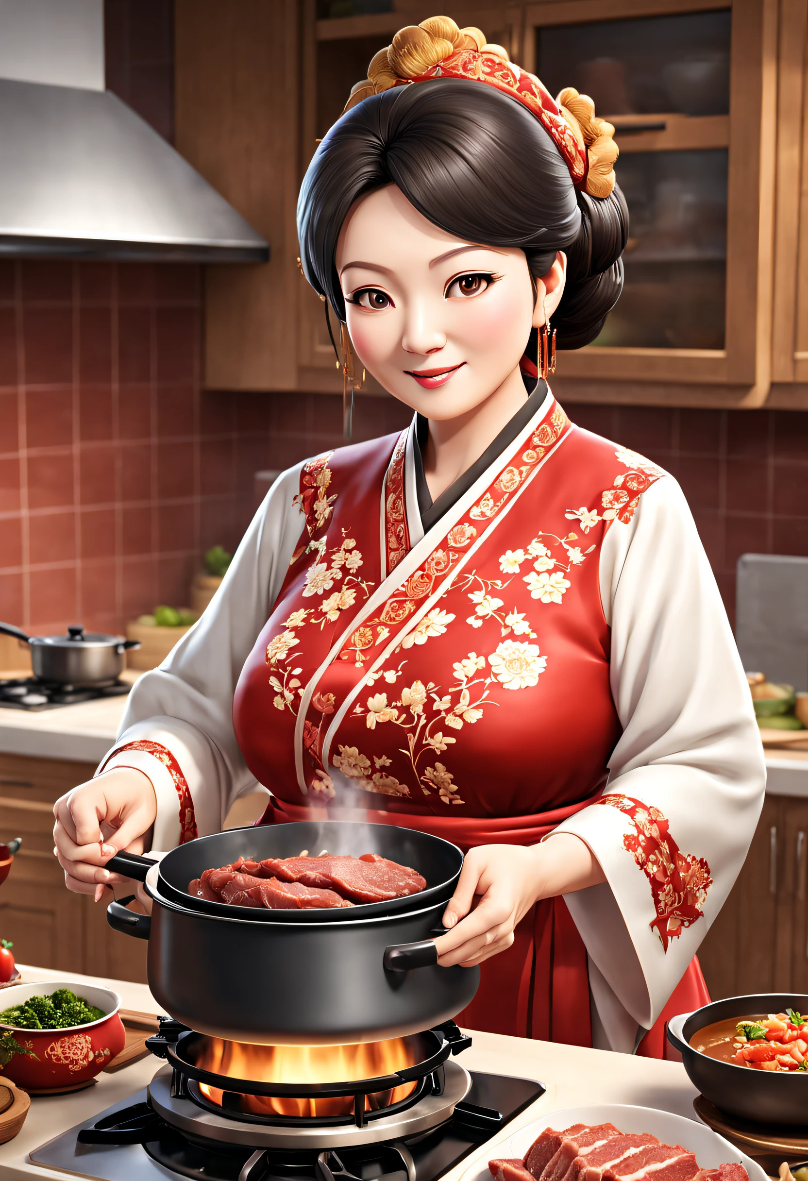 modern kitchen，middle aged women，china idol，Big-breasted mom，cook，Use a natural gas furnace，meat stewed in pot，traditionalcostumes， 3D，Real-world scenarios