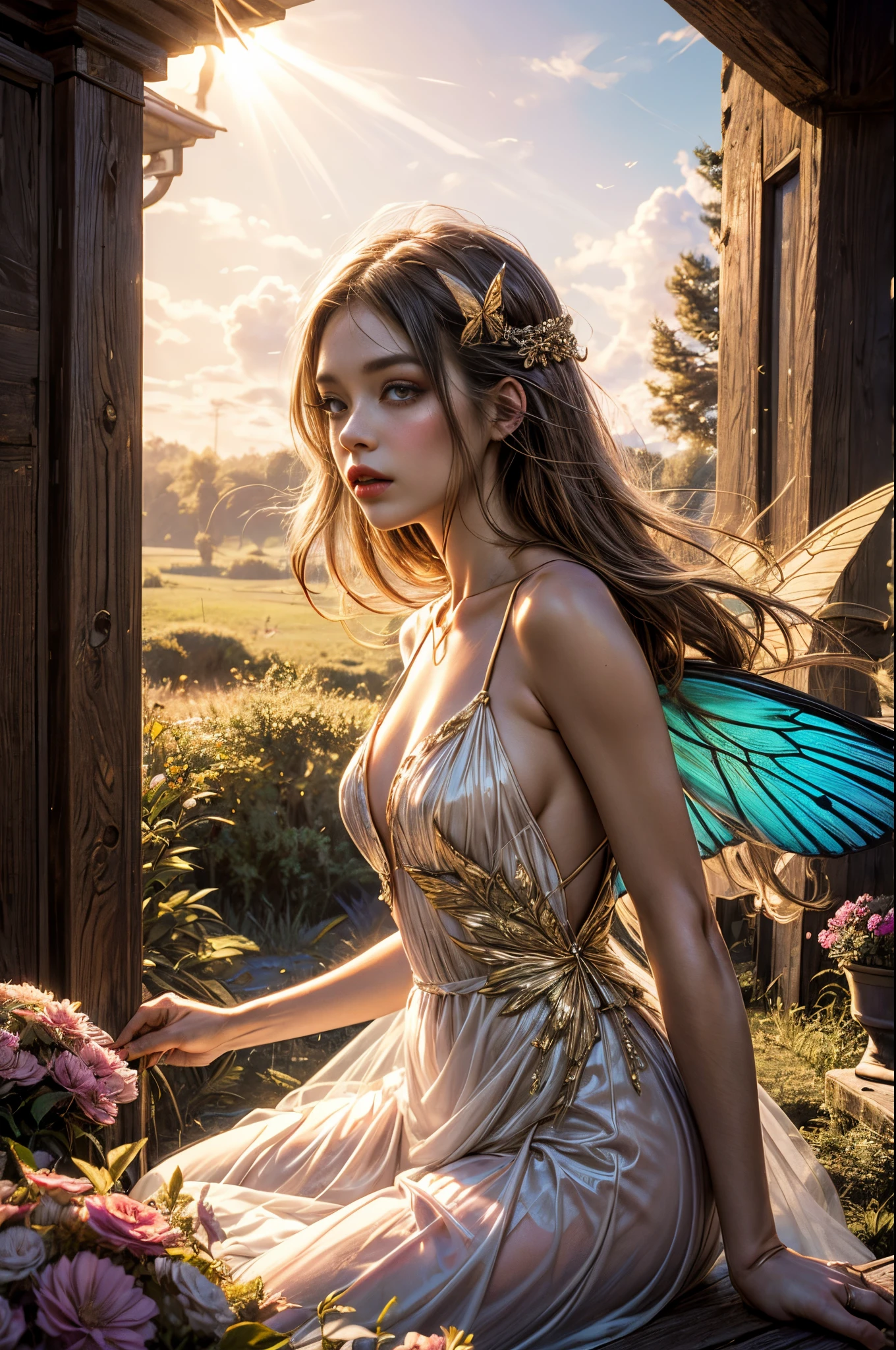 "((Innocent)) girl, golden hour, dreamy meadow, ethereal, whimsical, flowing dress, soft sunlight, enchanting, butterfly wings, (pastel clouds), liquid reflections