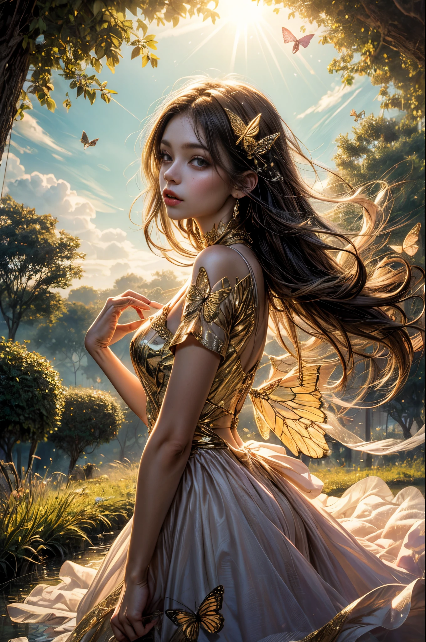 "((Innocent)) girl, golden hour, dreamy meadow, ethereal, whimsical, flowing dress, soft sunlight, enchanting, butterfly wings, (pastel clouds), liquid reflections