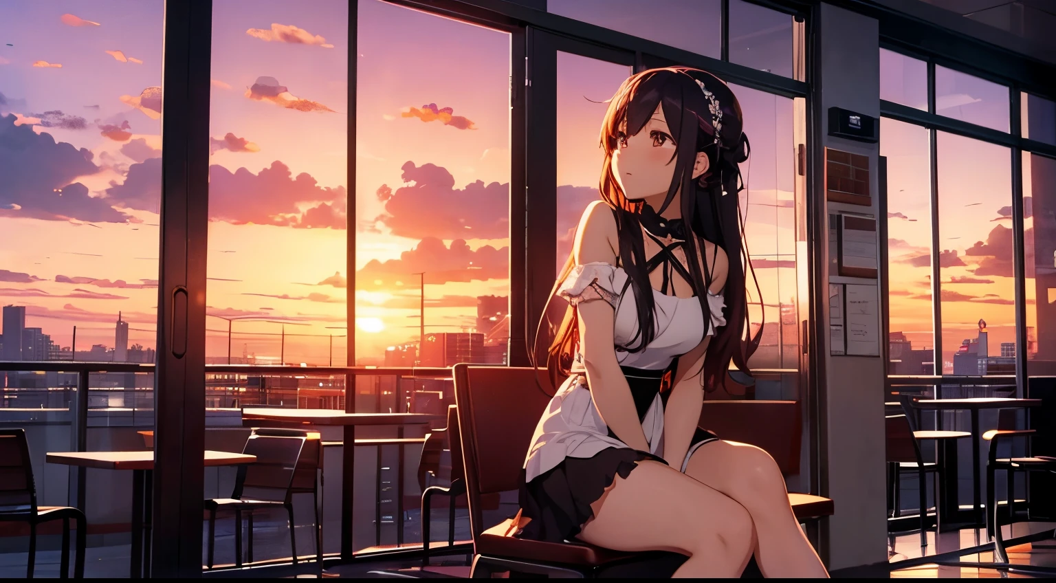 "Sunset Serenade": A beautiful anime girl sitting at the cafe entrance and listening to chill music a warm palette with a tranquil sunset background and silhouetted cityscape.