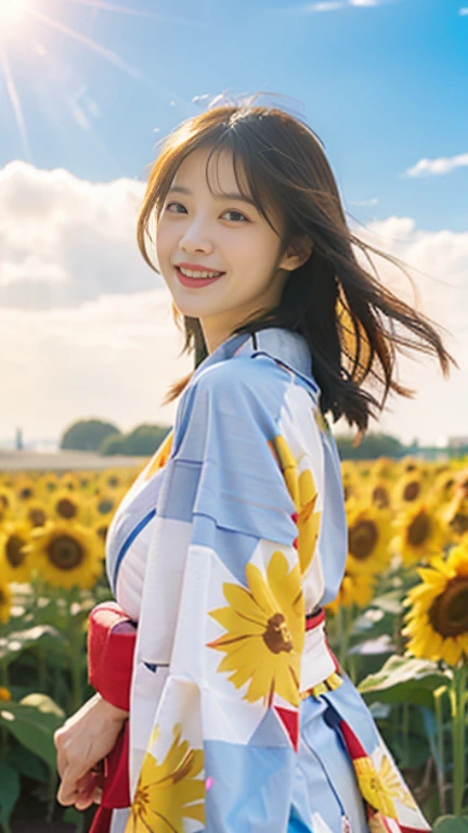 top-quality、masterpiece、超A high resolution、(Photorealsitic:1.4)、1girl,Beautuful Women,Very beautiful woman、infp young woman、Sunshine,The sunlight shines through my hair,Red national costume,japanese kimono,The wind passes through,blue open sky,white clouds,yellow sunflower field,Smiling Woman,kawaii,Very good style,A woman in a kimono fluttering in the wind