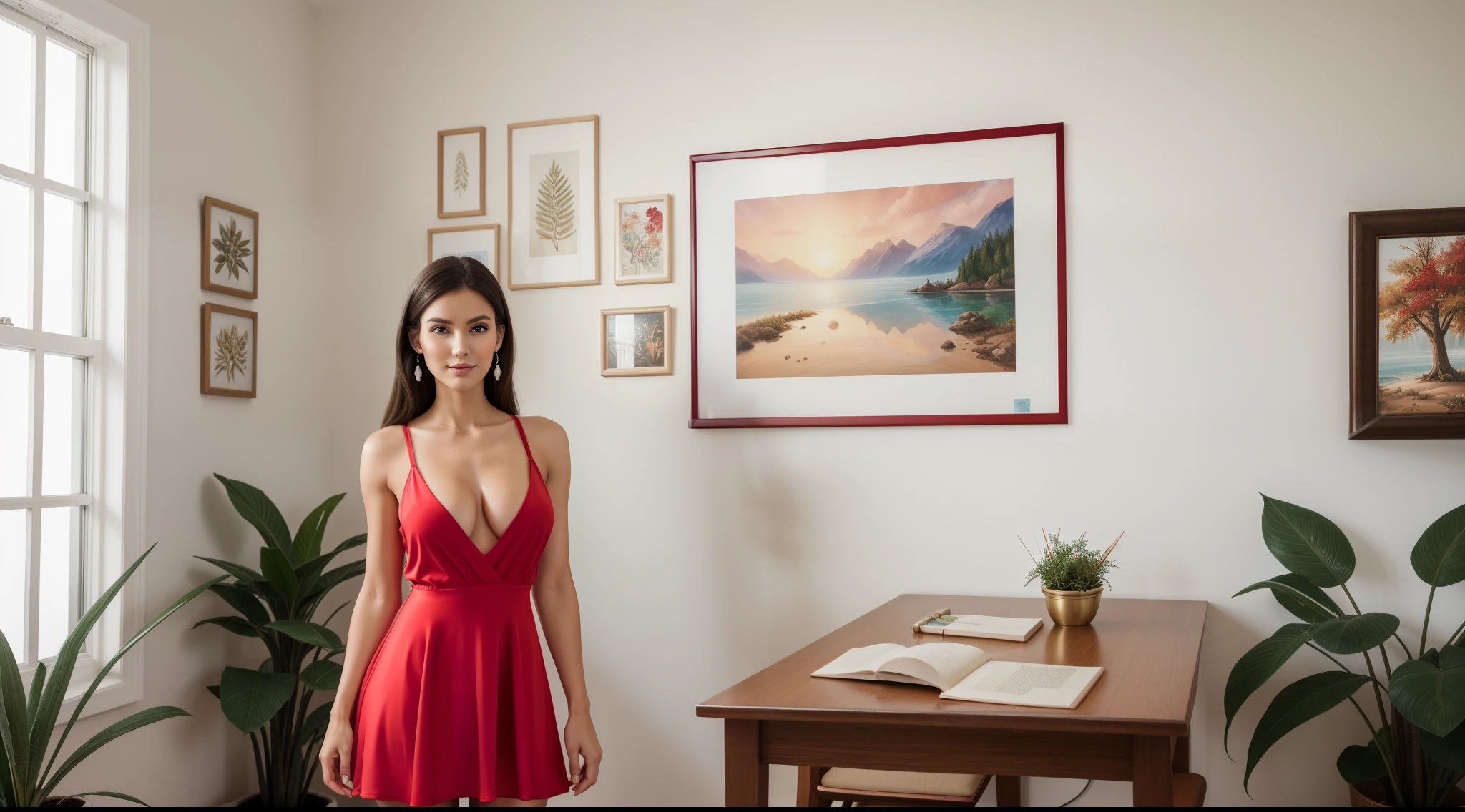 (((a girl stand alone))),((full-body:1.5, cinematic-shot)),(best quality,4k,8k,highres,masterpiece:1.2),ultra-detailed,(realistic,photorealistic,photo-realistic:1.37),(beautiful and aesthetic:1.2),vibrant color,(film grain:1.3).

(1girl),(solo),((1 person)),(17years-old), [Raiana-Elizabeth-Dilla],pearl skin,(skin pores:1.1),beautiful detailed eyes,beautiful detailed lips,extremely detailed eyes,longeyelashes,extremely detailed face and skin texture,(skin texture:1.1),black hair,tall and slender body,(192cm tall),thin and delicate figure,graceful posture,flawless skin,defined abs,perfect curves,feminine appearance,beautiful long legs,embodying elegance and beauty,(cleavage breasts,large breasts:1.4),((wearing a sexy (red ultra-short student-dress:1.4))),extremely detailed and realistic (red) clothes,(shiny skin),((sharp focus:1.5)),(earringeathers:1.5).

[aesthetic classroom, vintage classroom, cozy atmosphere, beautiful decorations, wooden desks and chairs, old-fashioned blackboard, large windows, natural sunlight, peaceful and calm environment, warm lighting, soft color palette, inspiring quotes on the walls, artwork display, plants on the windowsills, bookshelves filled with books, creative and artistic atmosphere, vibrant energy, positive vibes, art supplies, sketches and paintings, an inviting atmosphere, tidy and organized space, comfortable seating, a place for learning and creativity, a haven for artistic expression, imaginative and inspiring ambiance, a place where ideas flourish, an aesthetic retreat, a space that stimulates the mind and inspires the soul, a sanctuary of artistic exploration, an aesthetic oasis for learning and growth]

Official art,extremely detailed,(fractal art:1.1),,Angelic ethereal beauty,studio photography,professional photography,depth-of-field,bokeh.