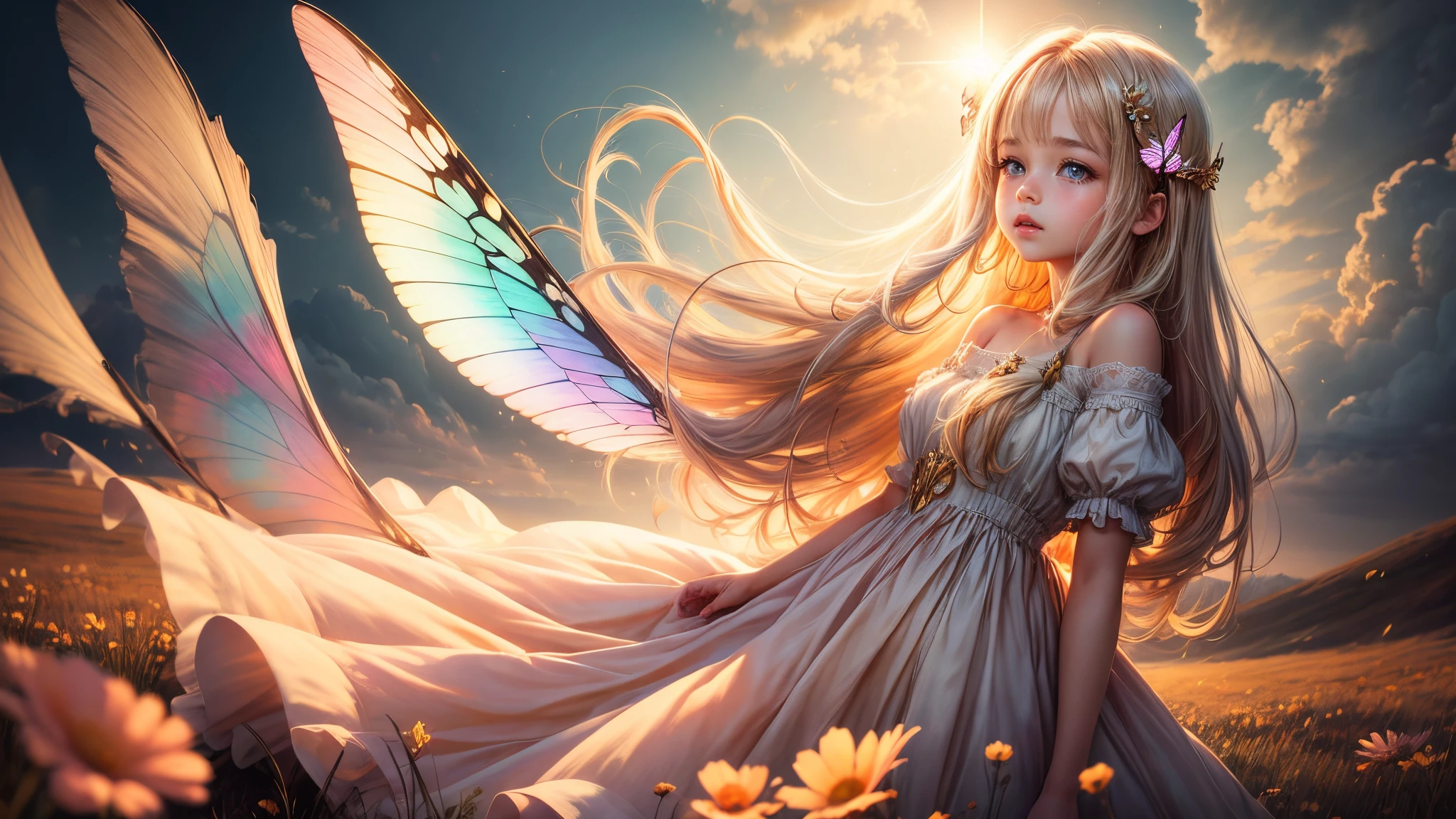 ((Innocent)) girl, golden hour, dreamy meadow, ethereal, whimsical, flowing dress, soft sunlight, enchanting, butterfly wings, (pastel clouds), liquid reflections