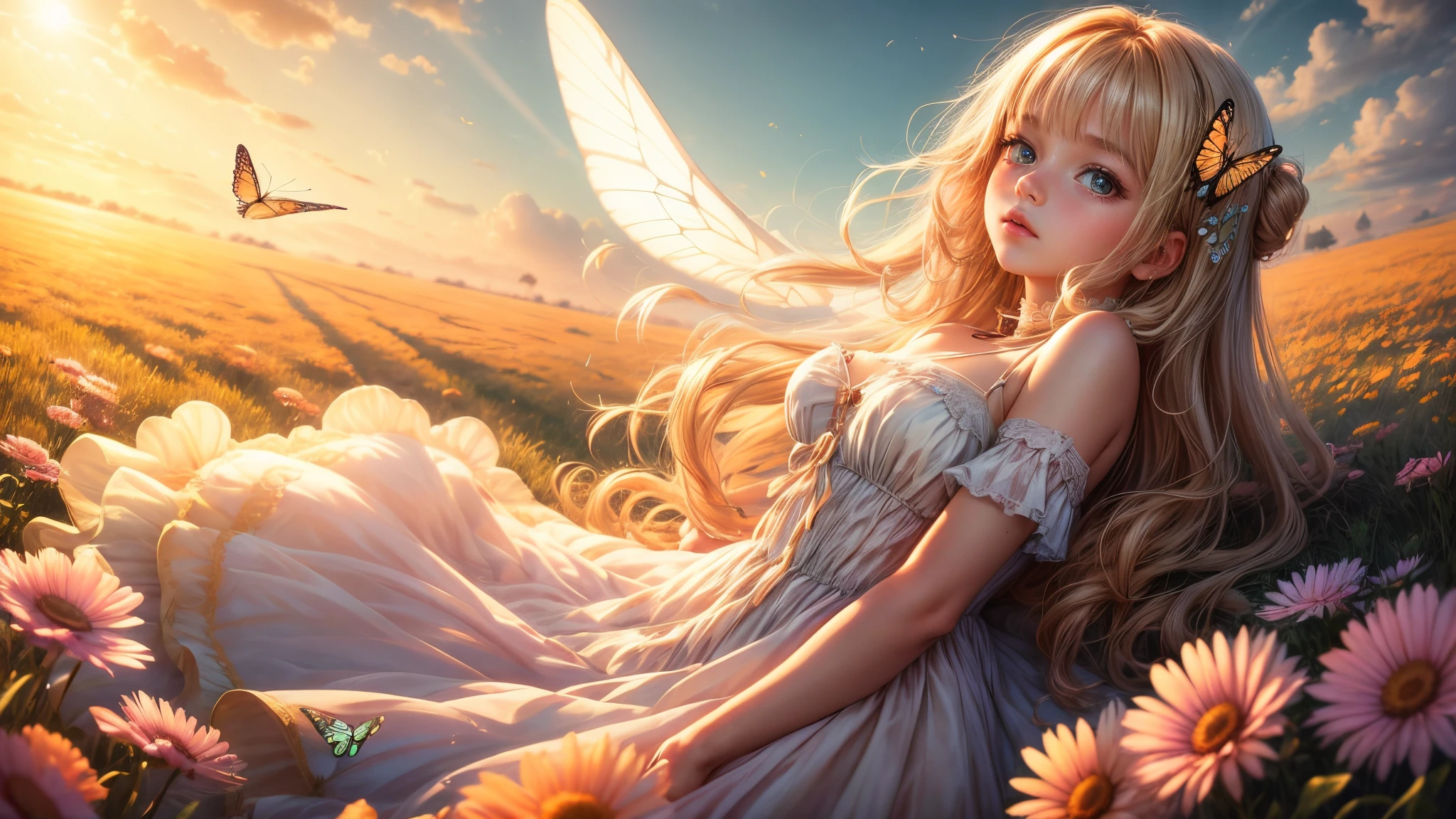 ((Innocent)) girl, golden hour, dreamy meadow, ethereal, whimsical, flowing dress, soft sunlight, enchanting, butterfly wings, (pastel clouds), liquid reflections