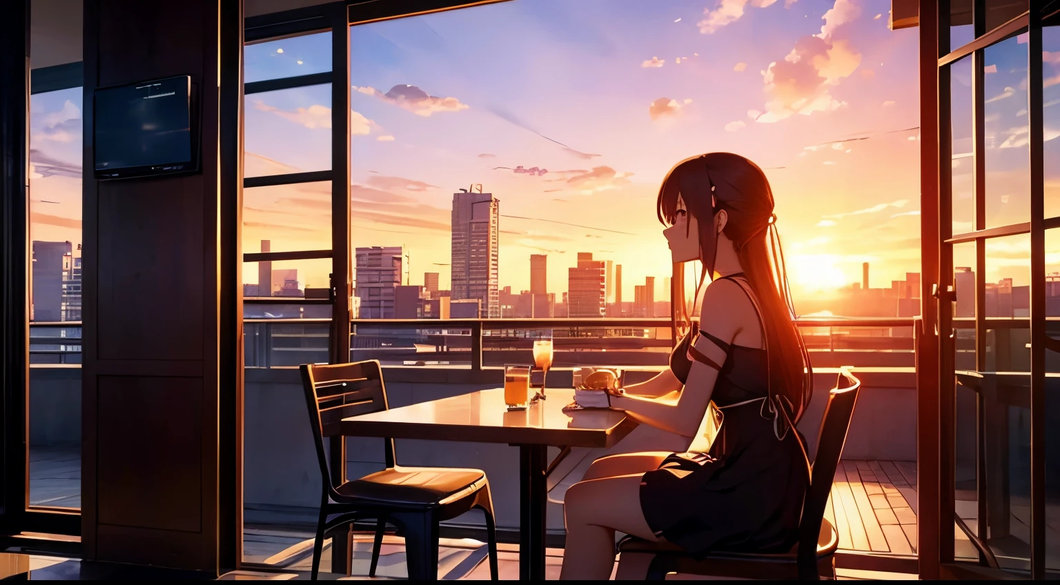 "Sunset Serenade": A beautiful anime girl sitting at the cafe entrance and listening to chill music a warm palette with a tranquil sunset background and silhouetted cityscape.