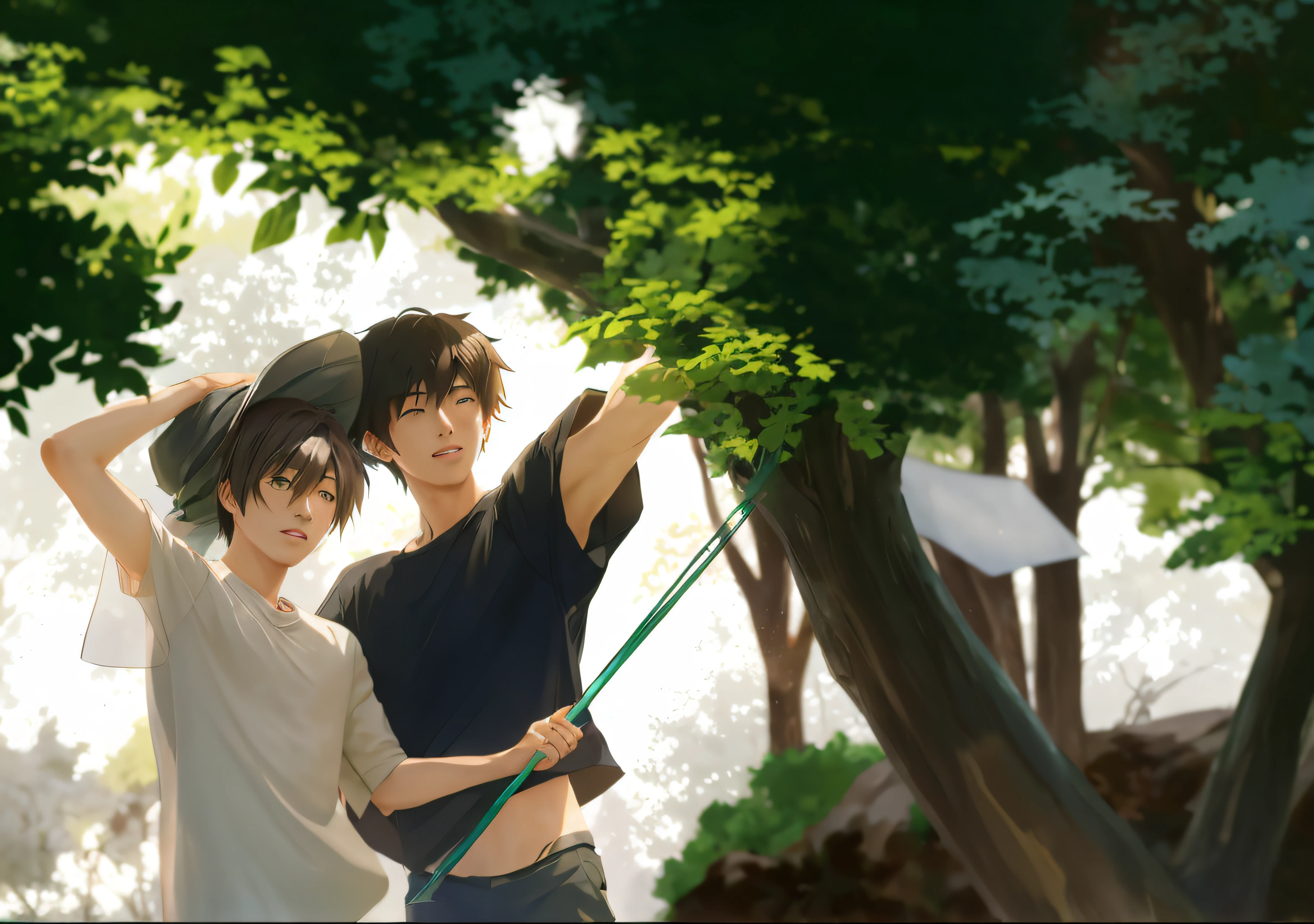 Anime couple standing under a tree with a bug net in their hands.., Lush Anime John 8K Woods, By Shingei, Guweiz and Makoto Shinkai, high quality fanart, Sakimichan and Makoto Shinkai, zerochan art, official fan art, Inspired by Ike no Taiga, Makoto Shinkai and (Ken Kuga)