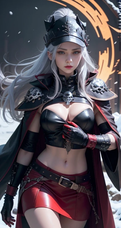 full body Esbian, of the highest quality, Intricately detailed skins, Shiny skin, Shiny hair, pale complexion,Big breasts), Red sky, Continuous snow, In the snow forest, ((Skull Mark)), ambitious, Seductive Woman, Gray hair, Long hair, Hair fluttering in the wind, Skull mask on half of the face, Detailed tattoos, Red leather clothes, Red sleeveless clothes, Black leather coat, Black leather gloves, Solid Gold Bracelet, leather skirt red skirt, , Hat with skull marker, (Leather Belt), Look far away