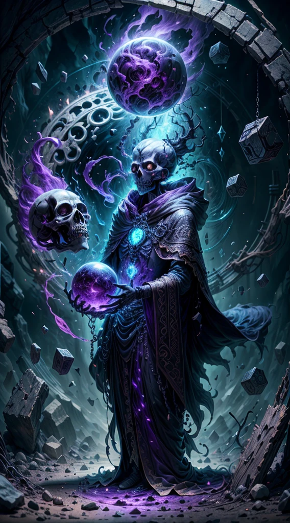 Skeleton rich in dark croons, Black gold skeleton, Magic Void Energy, Glowing eyes, Death lightning, Death energy ball floating in hand, Casting a spell, Energy cracking, Bone Hand, Dressed in a luxurious cloak, Floating astral skull, Earth and rocks exuding energy as a lich hold, Glowing runes with floating details, Bones and skull lying on the ground, Dark purple energy, Floating in the air, Energy Chain, Magic circle on the ground,,Detailed,Realistic,4K highly detailed digital art,Octane Render, bio luminescent, 8K resolution concept art, Realism,by Mappa Studios,masutepiece,Best Quality,Official art,Illustration,ligne claire,(Cool_Color),Perfect composition,absurderes, Fantasy,Focused,rule of third