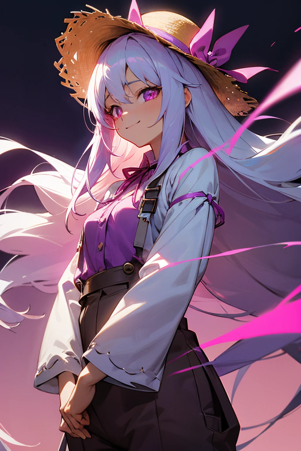 Anime Girl, Long White Hair, Glowing Purple Eyes, Wearing a Straw Hat with a Magenta Ribbon, Light Purple Shirt with Raised Sleeves, Black Colored Overalls with Long-sleeved Pants, Brown Worker Shoes, Nightly Farm Background, Gloomy, Happy Expression, Dark, Crazy, Smiling, Insane, Isolated, Alone, Possessive, Peaceful, Magicless, Close-up Portrait, {{Body, Face and Arms only}}
