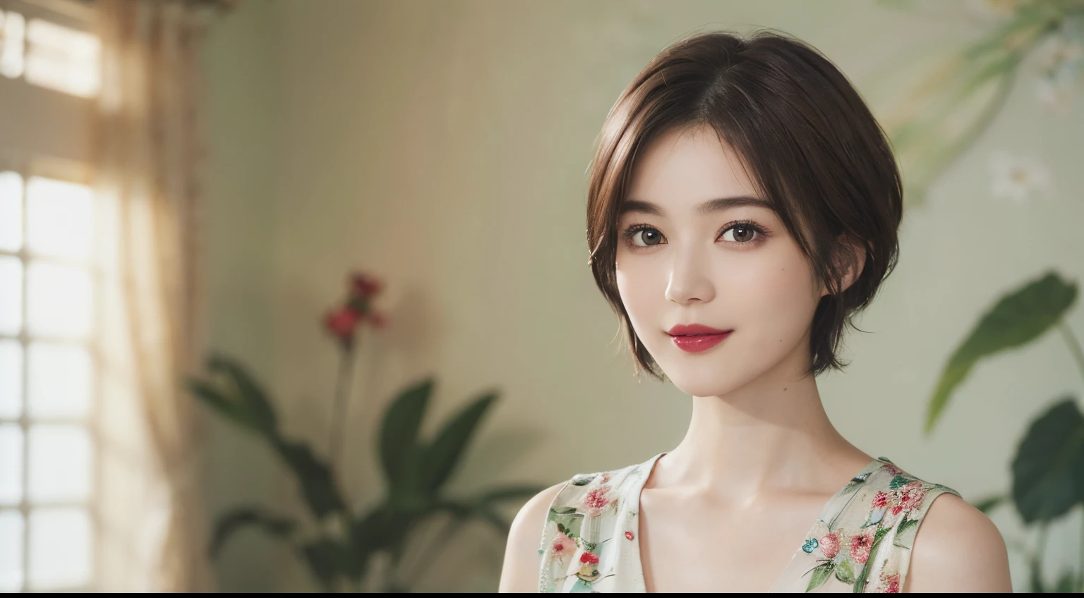129
(a 20 yo woman,is standing), (A hyper-realistic), (high-level image quality), ((beautiful hairstyle 46)), ((short-hair:1.46)), (Gentle smile), (brest:1.1), (lipsticks), (florals), (Large room), (florals), (painterly)