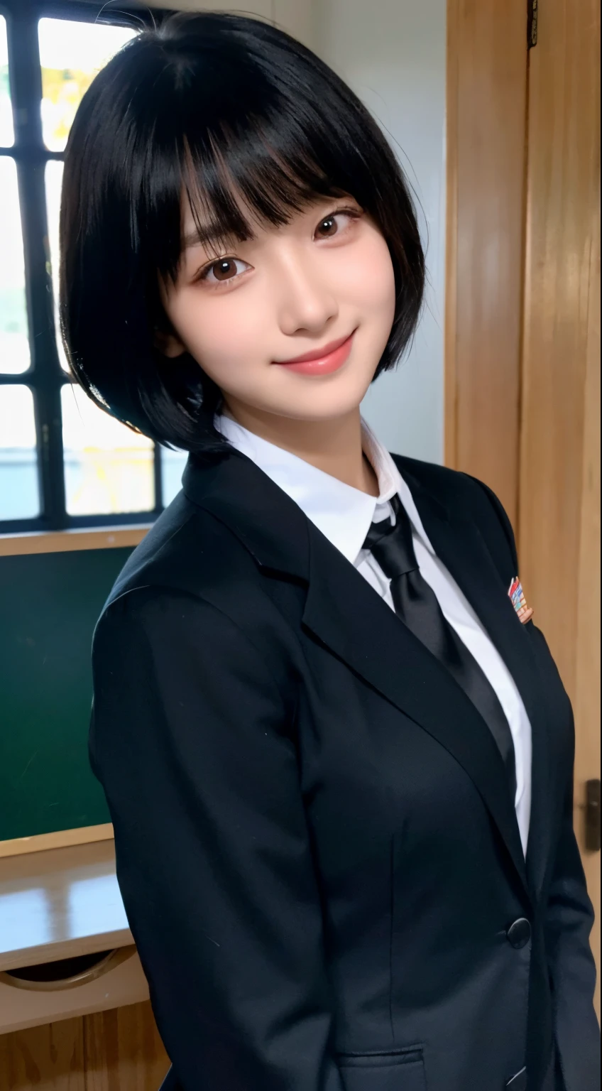 (top-quality,8K picture quality,masterpiece:1.3),(超A high resolution,Photorealsitic:1.4,Raw photography),(ultra-detailliert,Caustics,Detailed background),(Ultra-realistic capture,Beautifully detailed skin,perfect anatomia),(Dark indoor:1.2),(After-school classroom),18year old,kawaii,Single eyelid,Black hair short bob,School Blazer Uniform,Looking at the camera,A smile,Bust-up shot,Back lighting,lighting like a movie