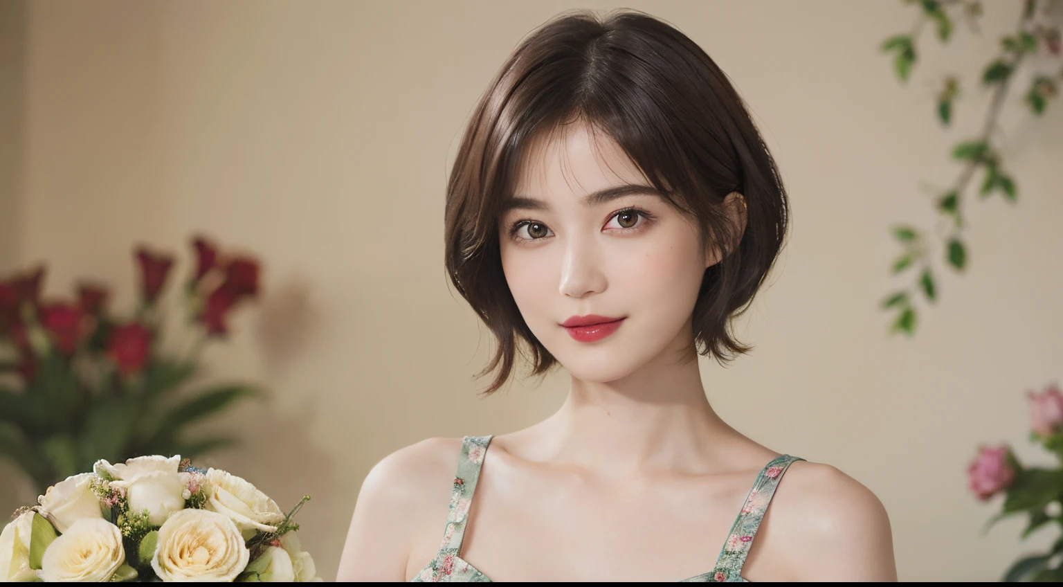 129
(a 20 yo woman,is standing), (A hyper-realistic), (high-level image quality), ((beautiful hairstyle 46)), ((short-hair:1.46)), (Gentle smile), (brest:1.1), (lipsticks), (florals), (Large room), (florals), (painterly)