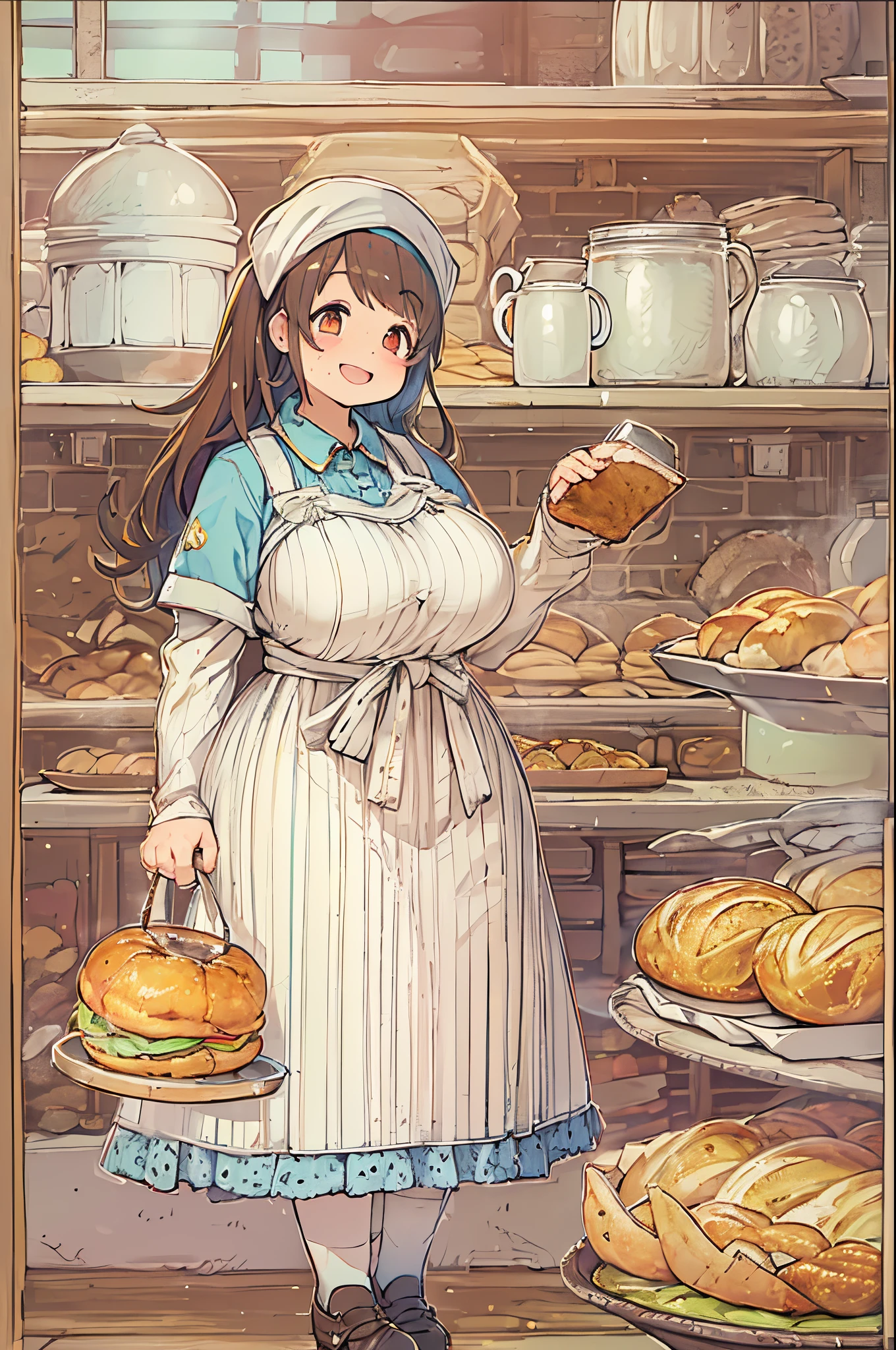 女の子1人、huge-breasted、kawaii、bbw、thick thight、big butts、Ultramammy,pleatedskirt、Bakery、Baker、with a cuppa bread、A big smile