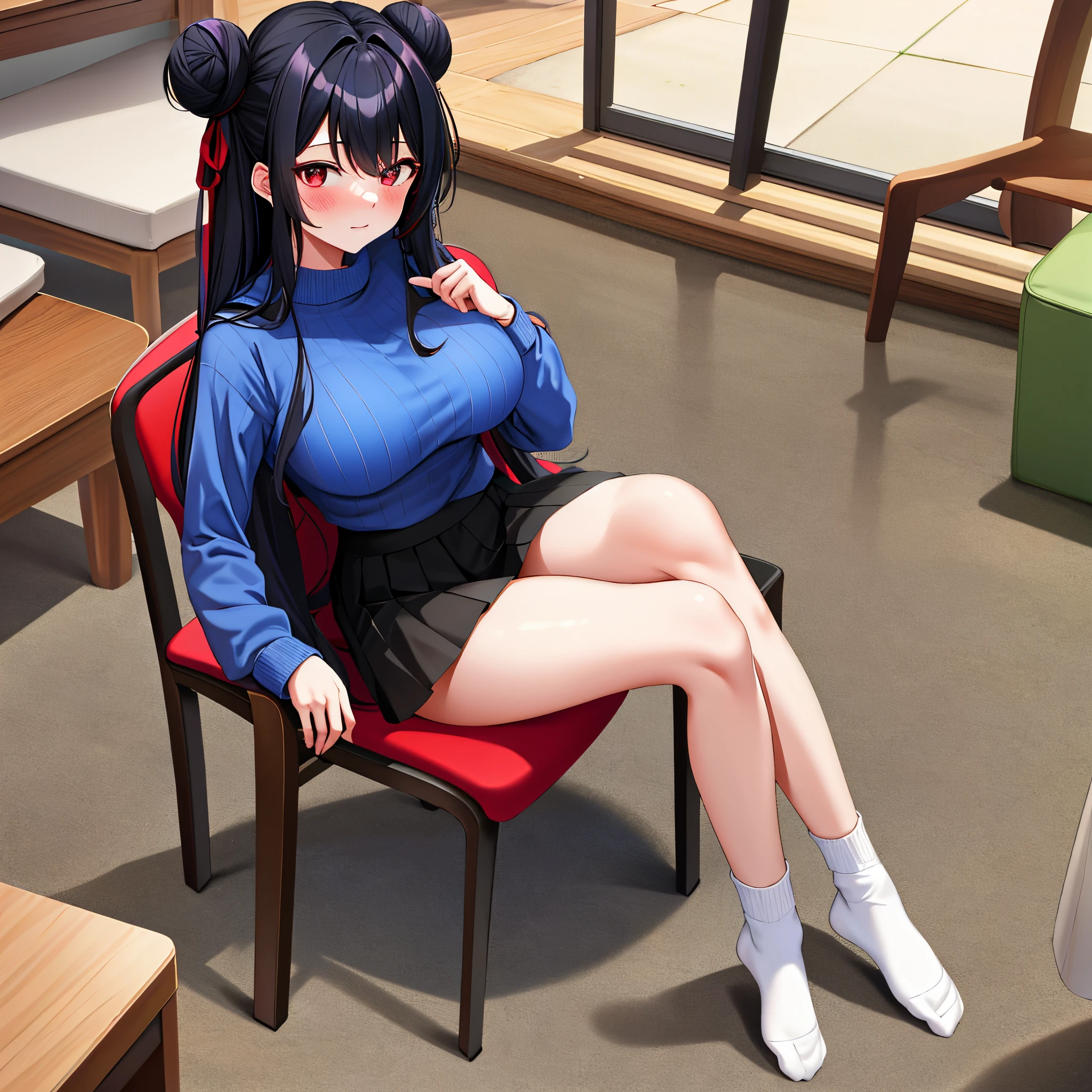 masterpiece, best quality, highres, best quality, highres,, 1girl, long hair, blue sweater, black hair, red fade, long bangs, 2 buns, red eyes, large breasts, skirt, very long hair, breasts, white fuzzy socks, chair, no shoes, blush,