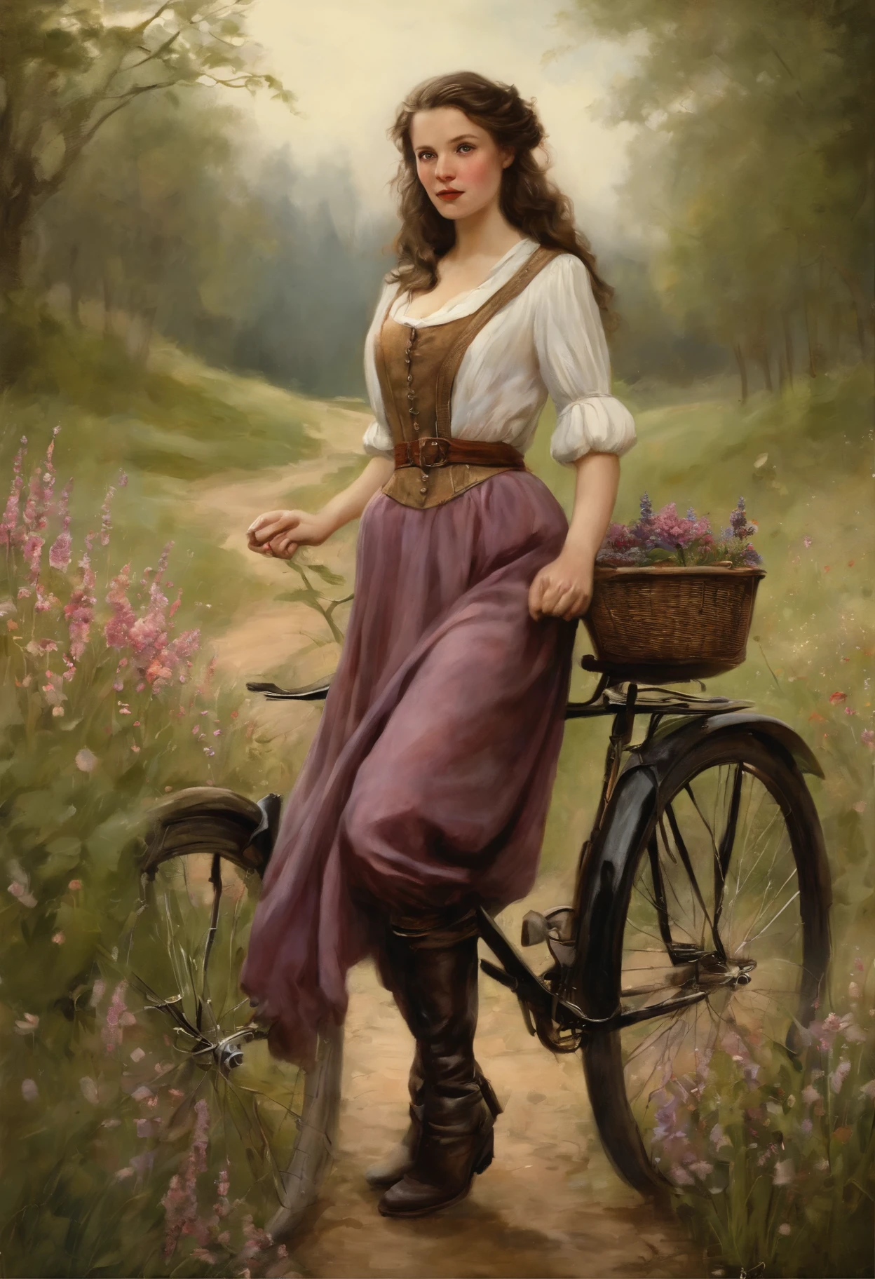 真实感, dark fantasy style, John Tolkien style, Small painting by Jean-Baptiste Monge, portraite of a, looks from the front, Soft facial features, Image of Pepi&#39;s long stocking image, girl smiles, standing next to the bike,  Average height, plump dark pink lips, Engriberts eyebrows, dark brown, green colored eyes, looking at away, brown-hair, Large curls , wearing a colored men&#39;s shirt, tied in a knot.,  breeches, short jeans, High boots, Standing next to a bicycle, Summer day, The sun is shining, rainbow, flower field, field with lavender, Jean-Baptiste Monge, anthropomorphic --ar 2:3 --testp -optimistic;