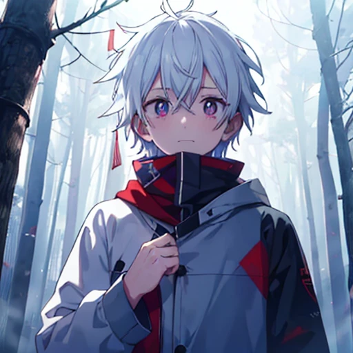 人物:White hair,put on gray hood,Blue shirt,red pupils and blue pupils,Sad eyes,tear drop,Red scarf fluttering in the wind,Raise your right hand and stretch forward,Laughing painfully,The house on fire,dusty,frozen,coniferous forest,natta