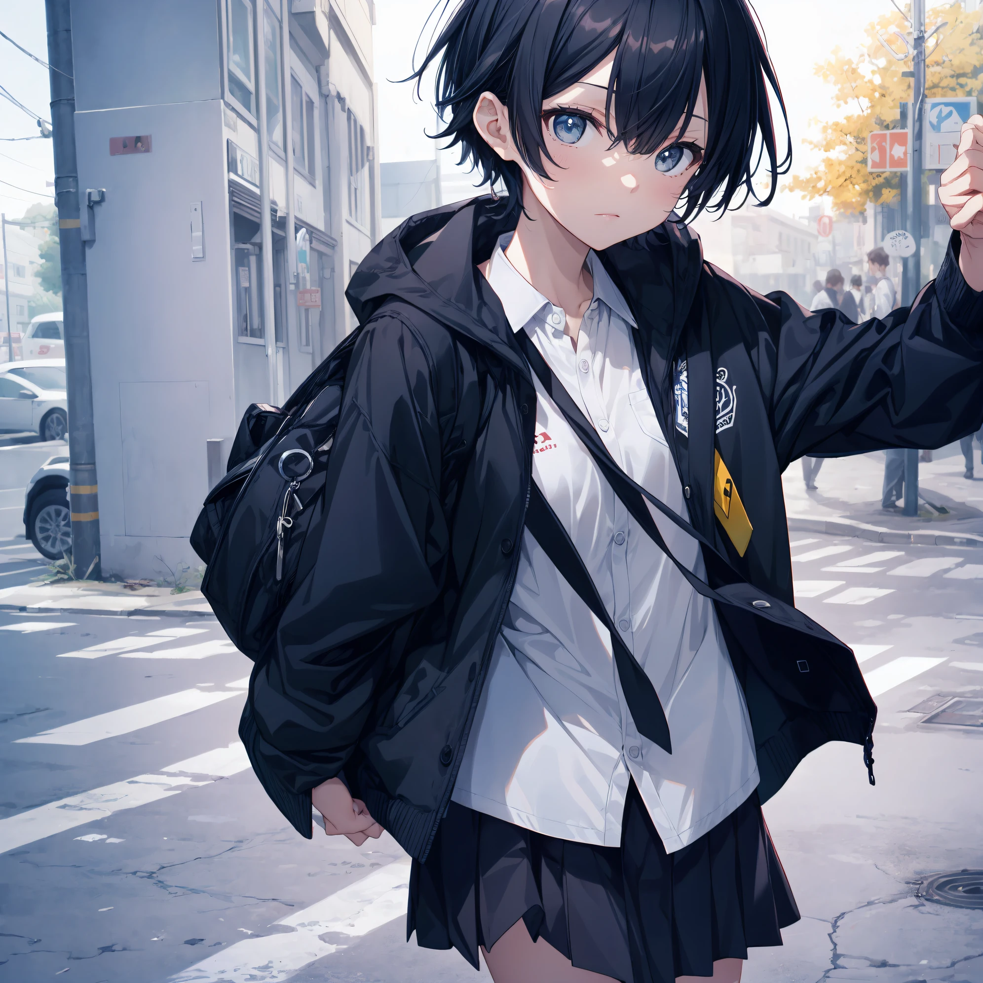 best god quality, Ultra-detailed, anime moe art style,Best Anime 8K Konachan Wallpapers,Pixiv Contest Winner,Perfect Anatomy, (Draw a girl sleepily walking to school. ),BREAK, 1girl is a cool beautiful girl, (Solo,Lori,child,13years:1.3),a junior high school student, Androgynous attraction, (Very short hair), hair messy,Forehead, Full limbs, complete fingers,flat chest, Small butt, groin, Small eyes,Beautiful detailed black eyes,Well-proportioned iris and pupils,disgusted eye, School uniform, Skirt,On the way to school. BREAK,High resolution,super detailed skin, Best lighting by professional AI, Daily scene 8k illustration,