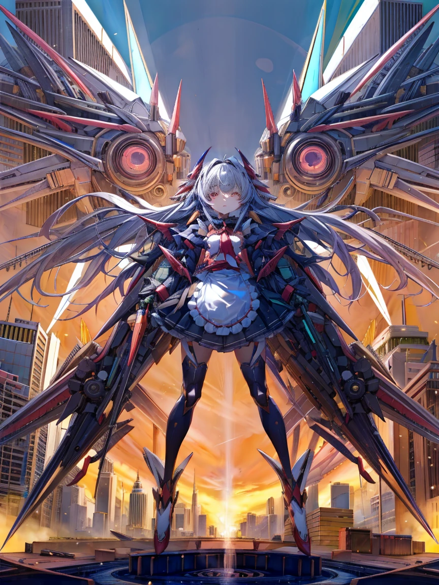 top-quality、ighly detailed、​masterpiece、ultra-detailliert、illustratio、((1girl in))、silber hair、length hair、Floating hair、、Cyber City、Neon building、(The upper part of the body:1.05)、extremely_Detailed_Eyes_And_Face,cybernetic wings mechanical wings、Random posture、Skyscraper、、Mechumusume、shrine maiden clothe,maid clothes、Random angles、anime styled,cowboy  shot