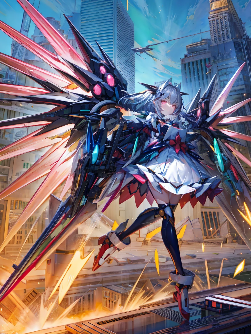 top-quality、ighly detailed、masterpiece、ultra-detailliert、illustratio、((1girl in))、silber hair、length hair、Floating hair、、Cyber City、Neon building、(The upper part of the body:1.05)、extremely_Detailed_Eyes_And_Face,cybernetic wings mechanical wings、Random posture、Skyscraper、、Mechumusume、shrine maiden clothe,maid clothes、Random angles、anime styled,cowboy shot